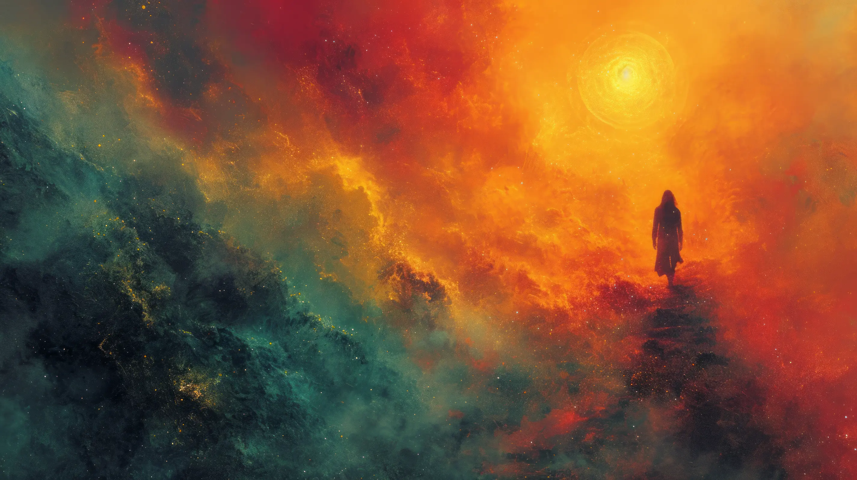 A lone silhouette against a fiery cosmic backdrop