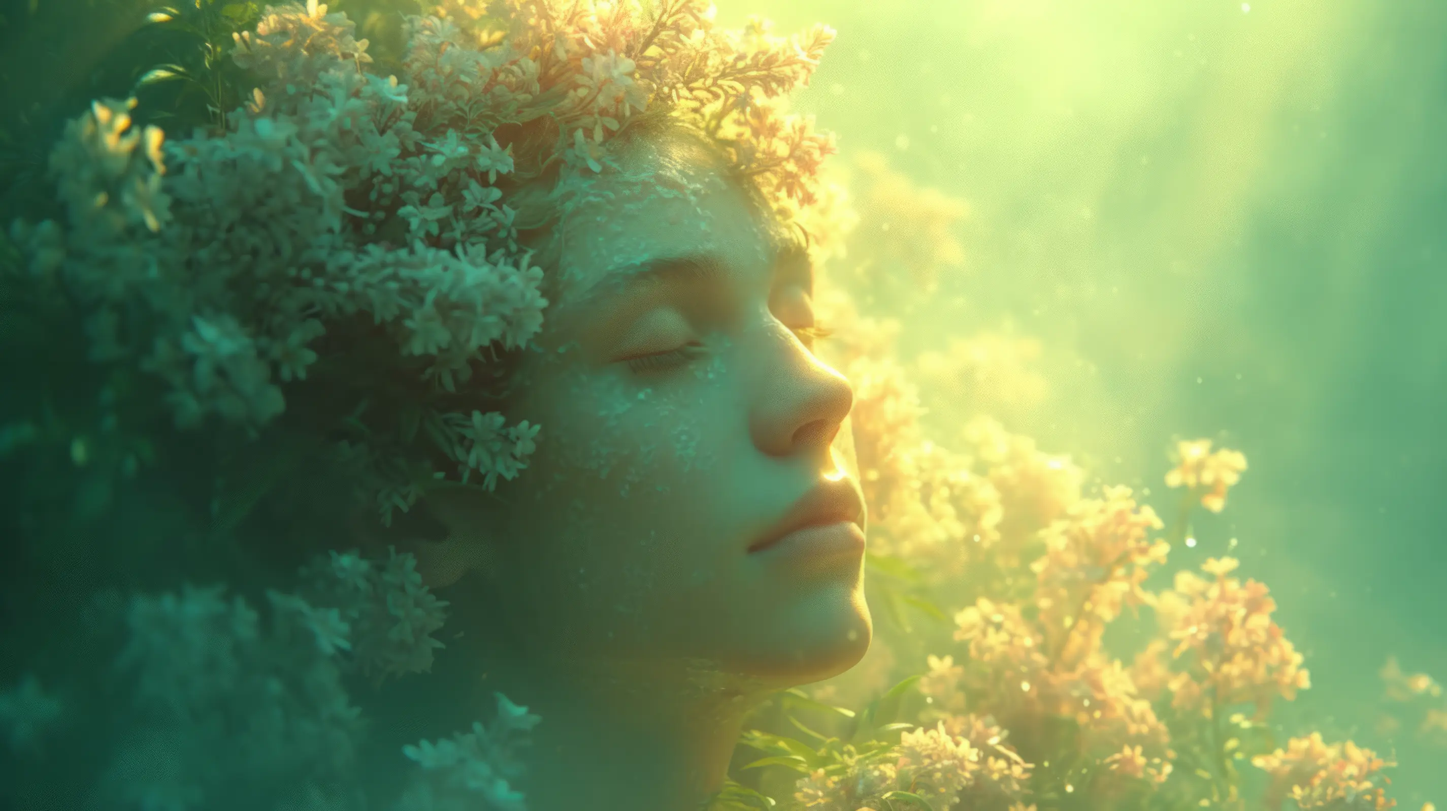 A serene face amidst luminous flora