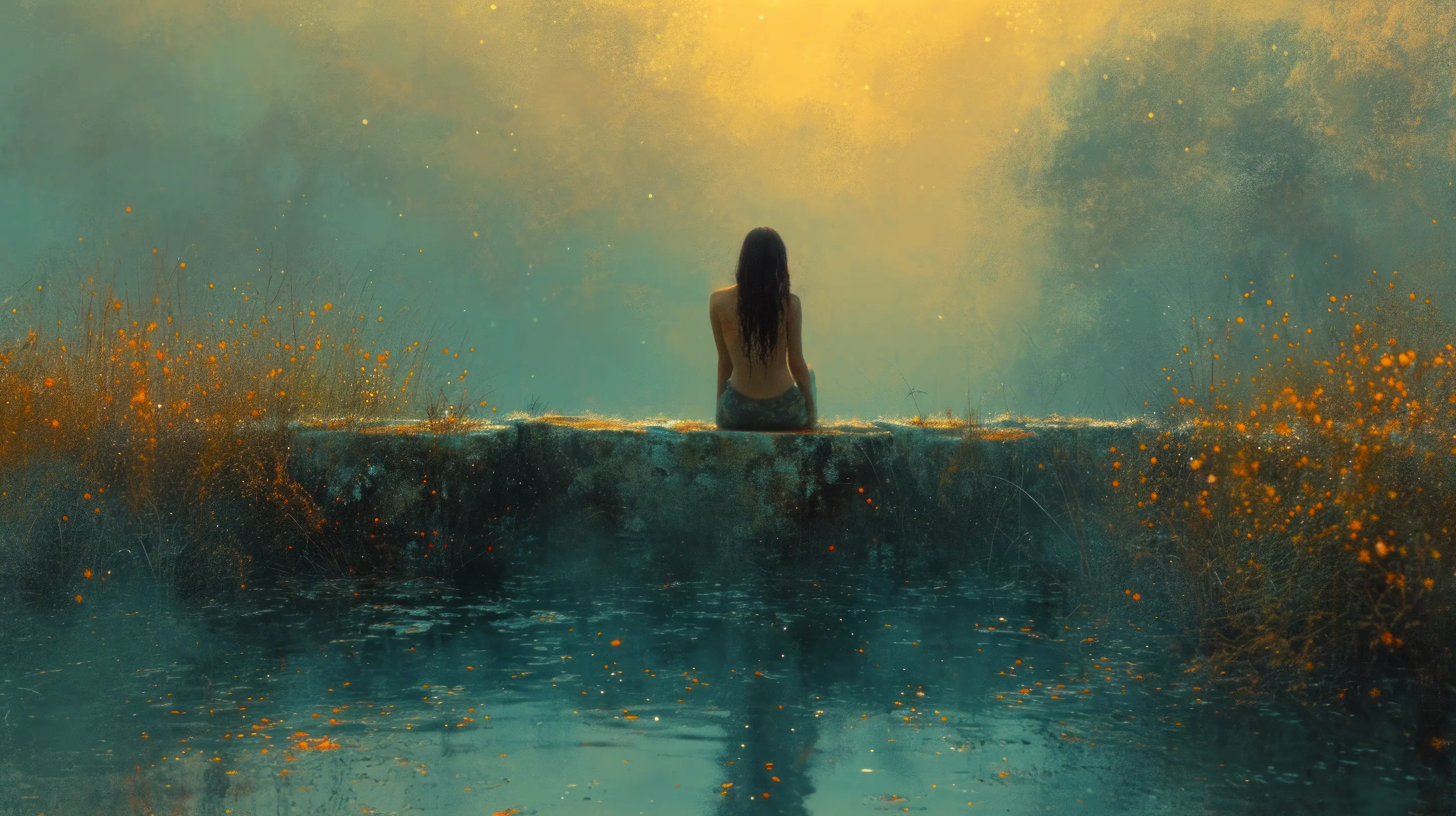 Solitude on a reflective, misty waterline