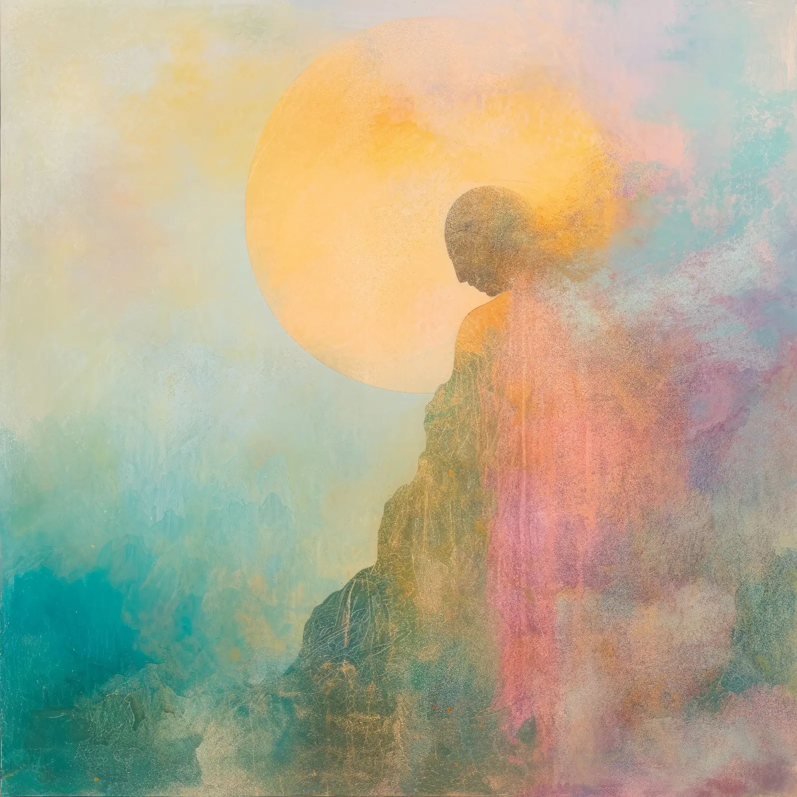 A silhouette before a misty, golden sun