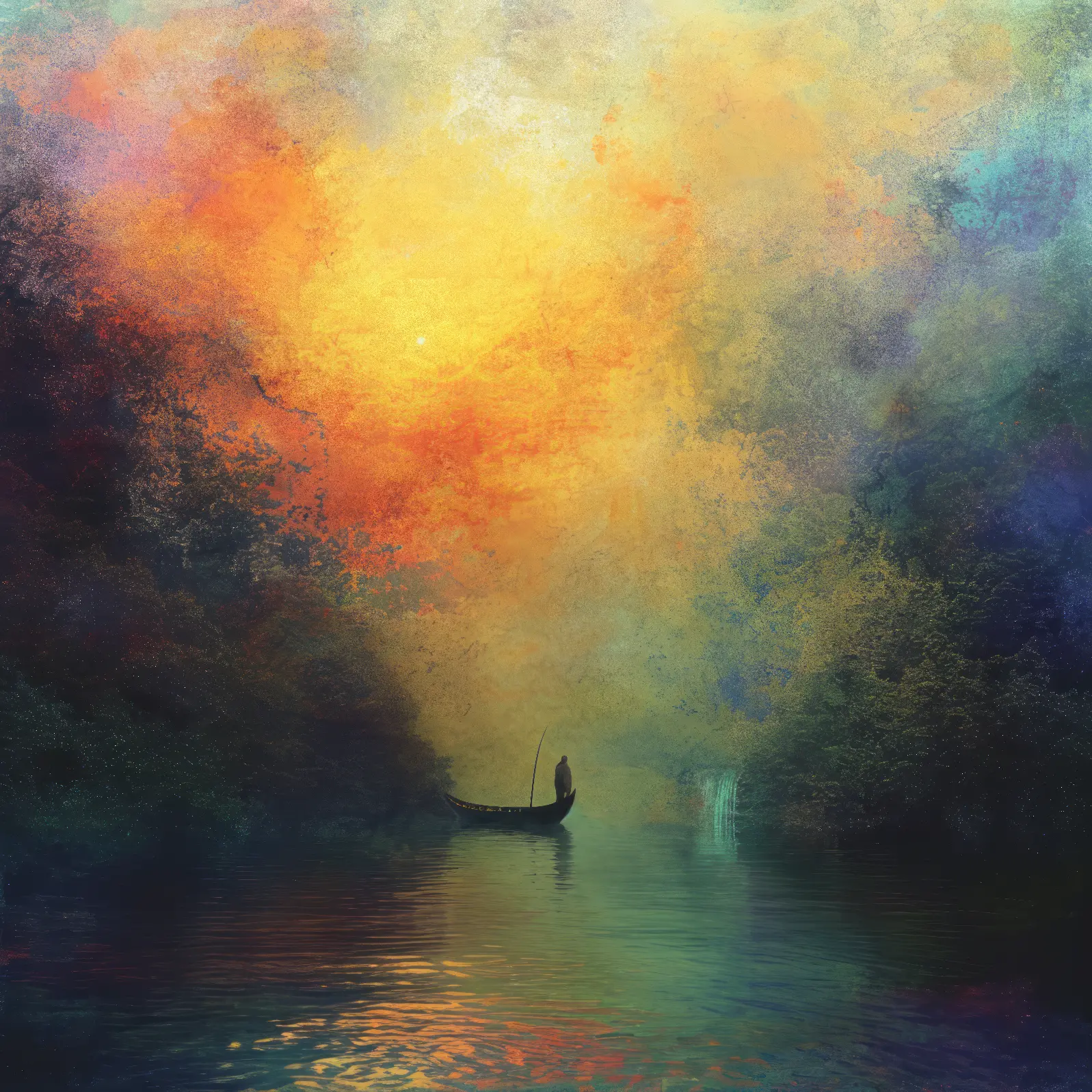 A lone boatman in a fiery mist