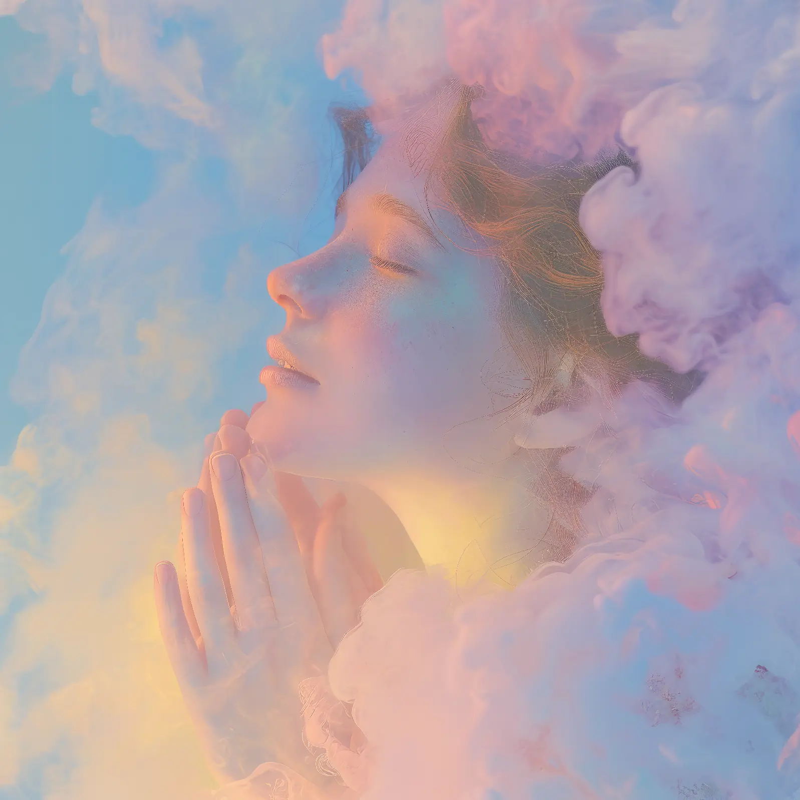 An Enraptured face amidst cloudlike forms