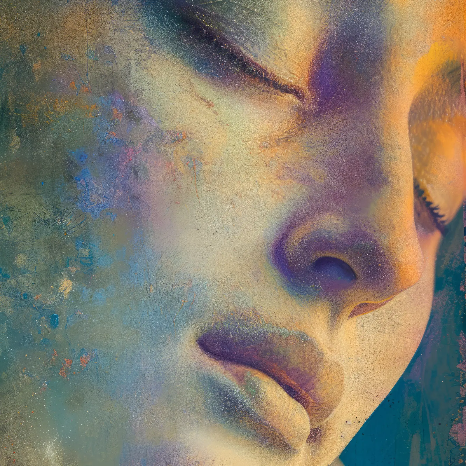 A Contemplative face with textured overlay