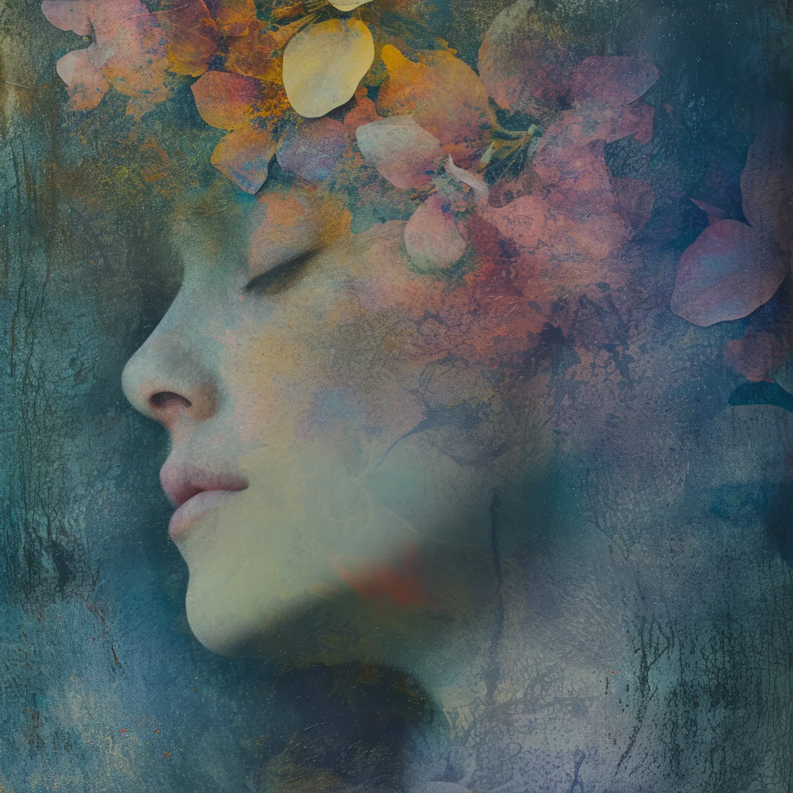 A Face adorned with petals in shadow