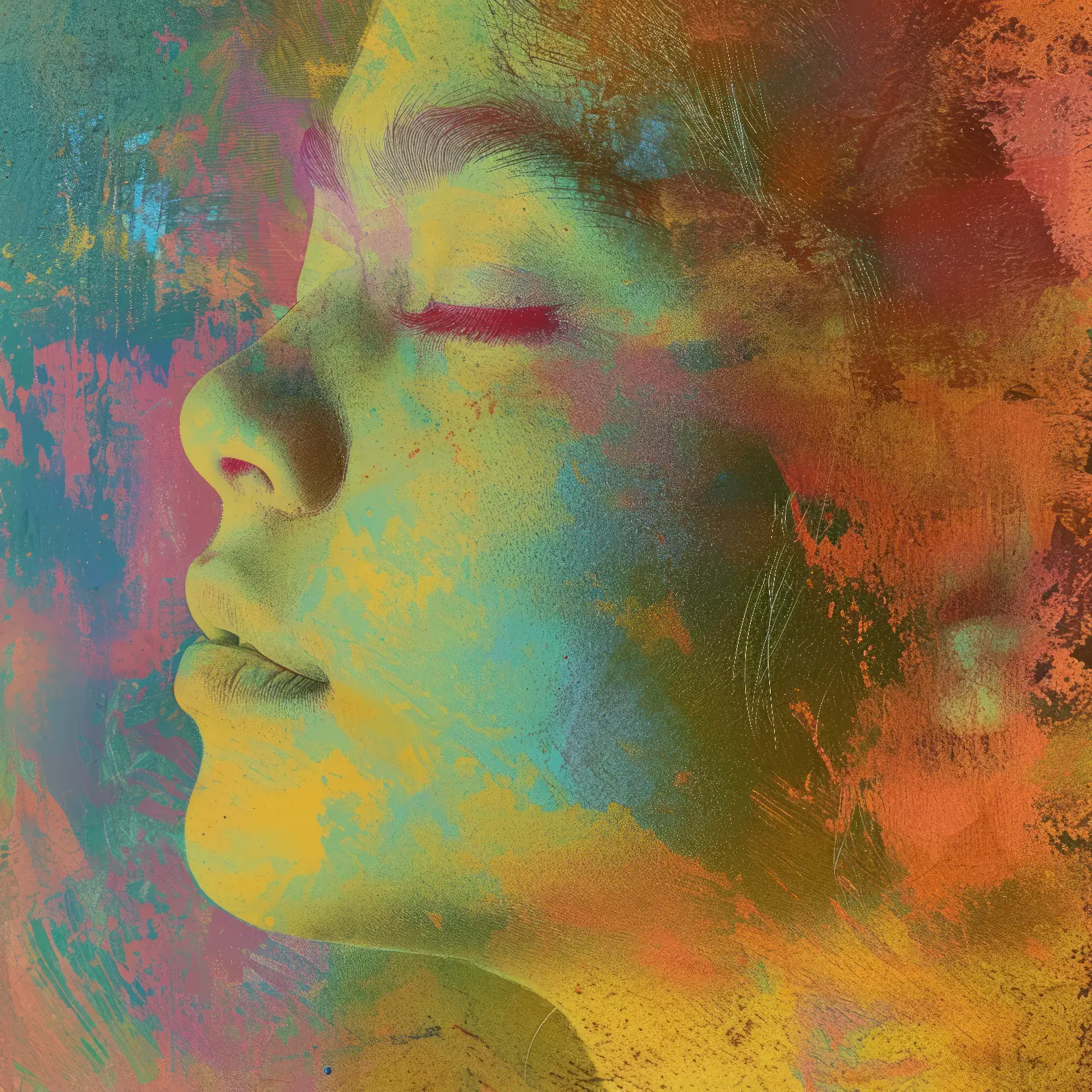 A Resting face with vibrant color splashes