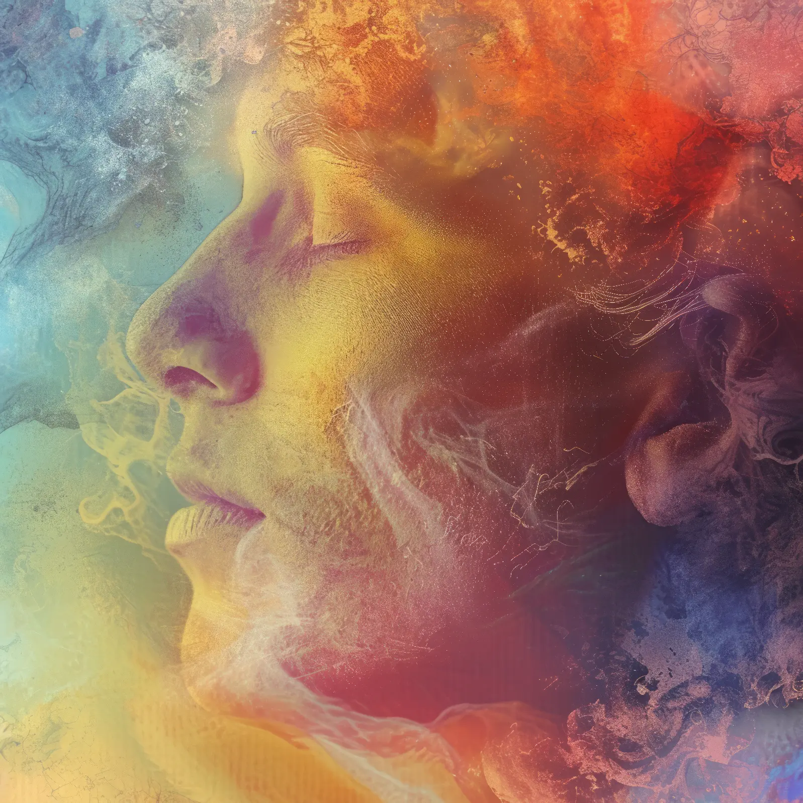 A serene face emerges from a swirl of fiery colors