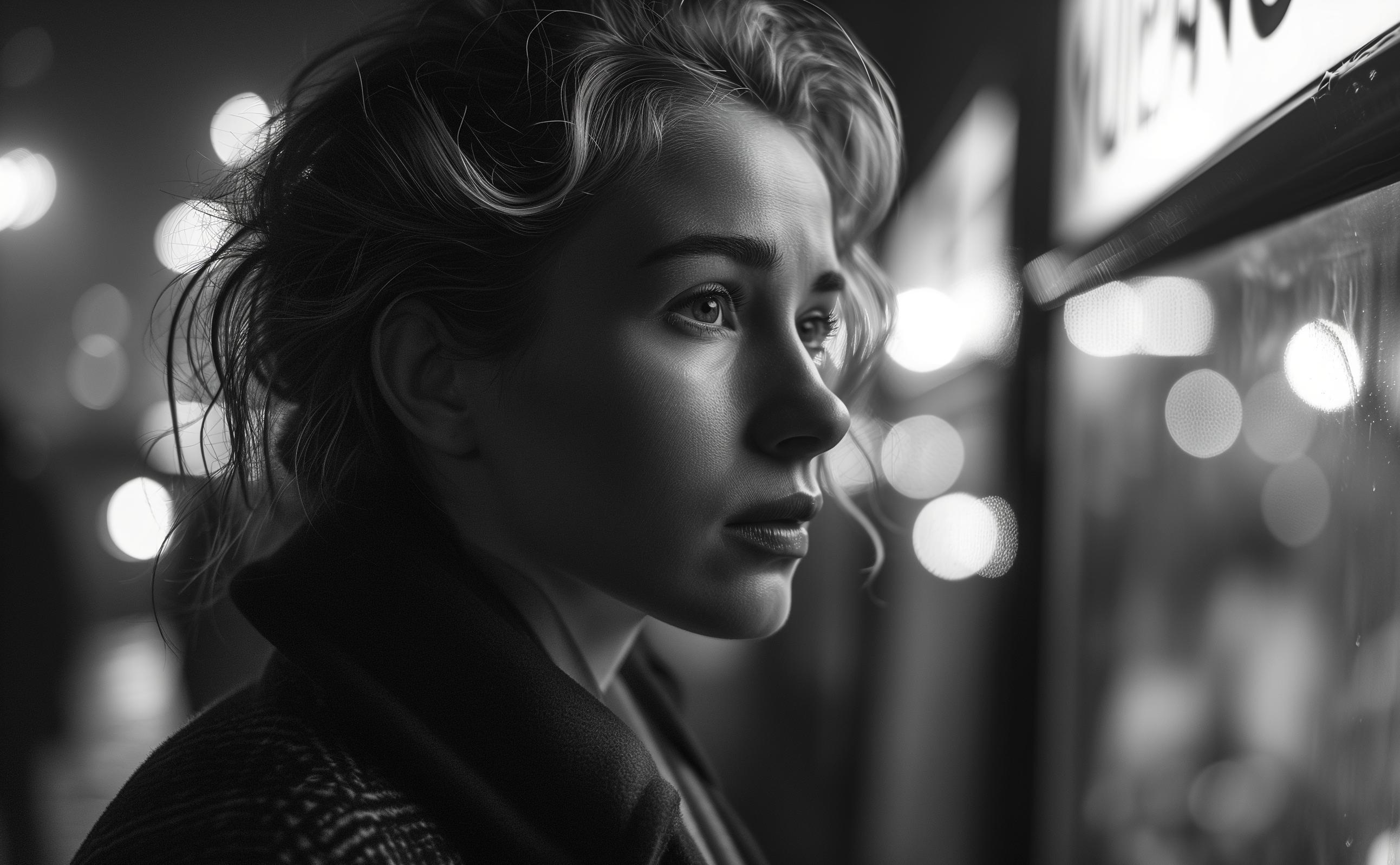 A Pensive woman, lit by distant lights, lost in thought amidst a city's pulse