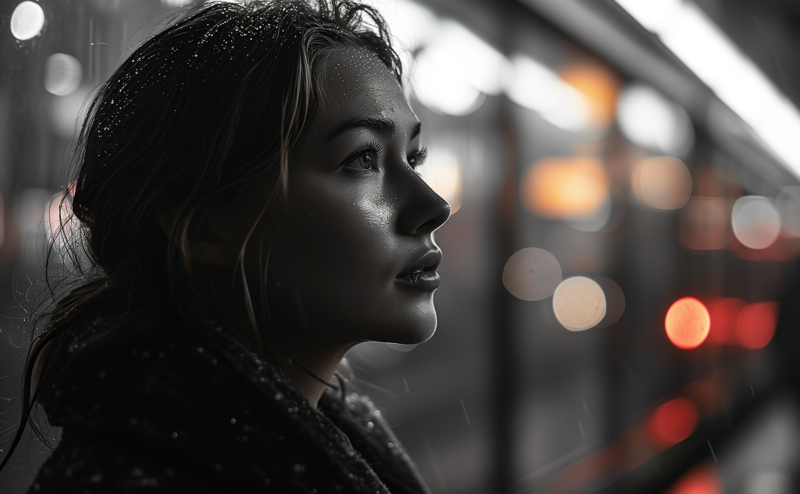 A Solitary figure in rain, contemplative gaze, warm glow of a passing train