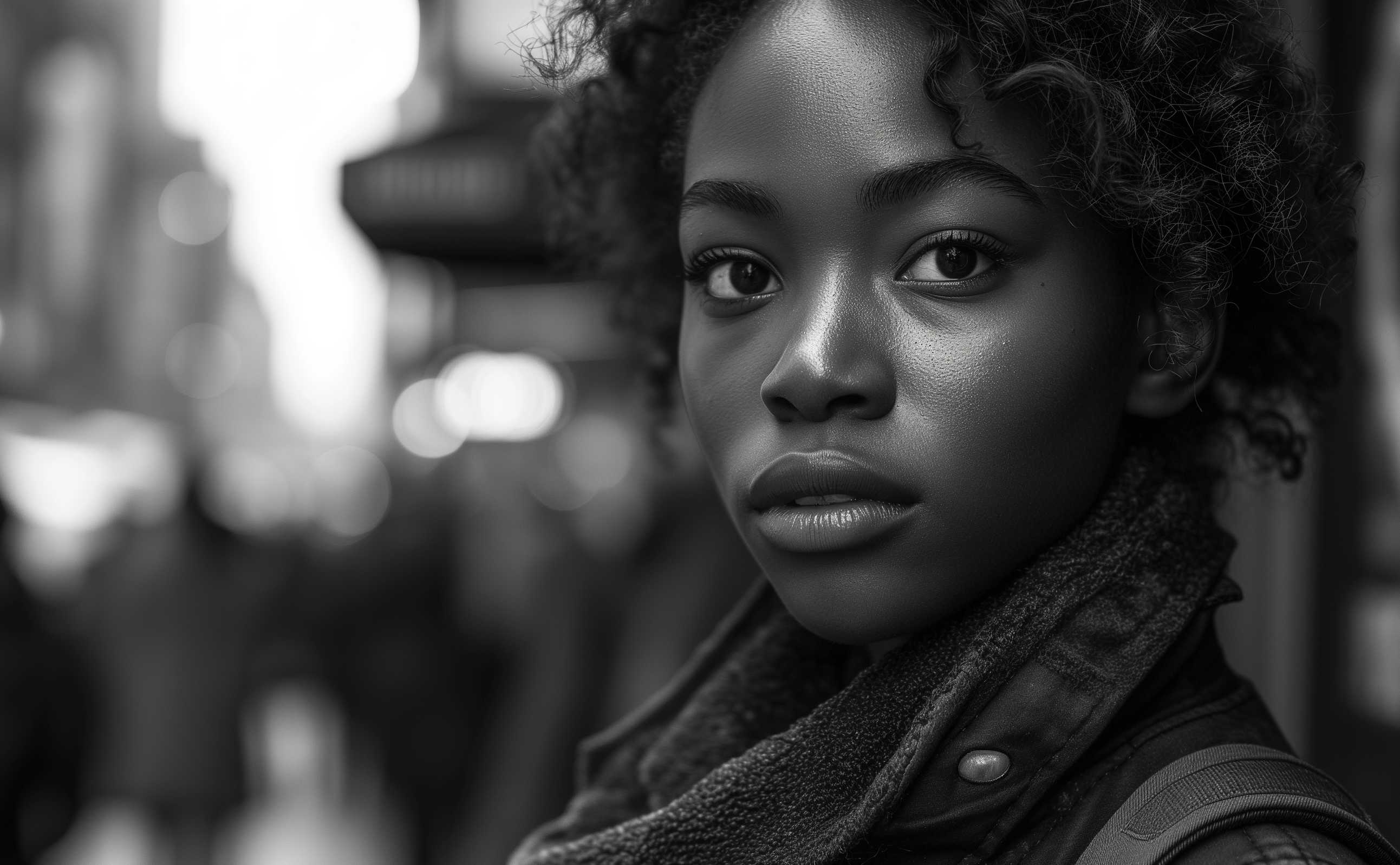 A Serene young woman, stark clarity in her eyes, against a blurred urban backdrop