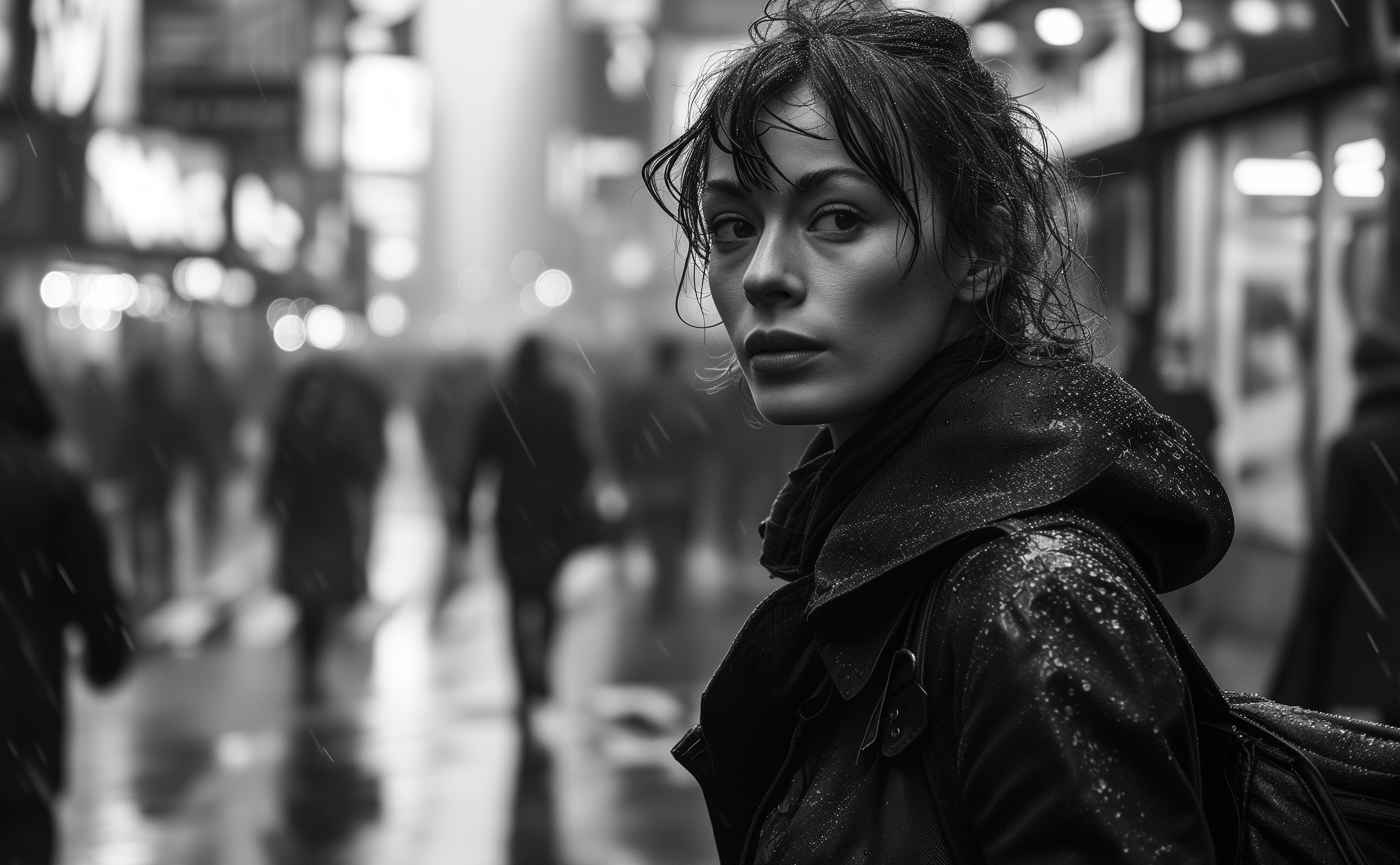 Rain-drenched introspection, a woman’s distant gaze mirrors the city’s whisper