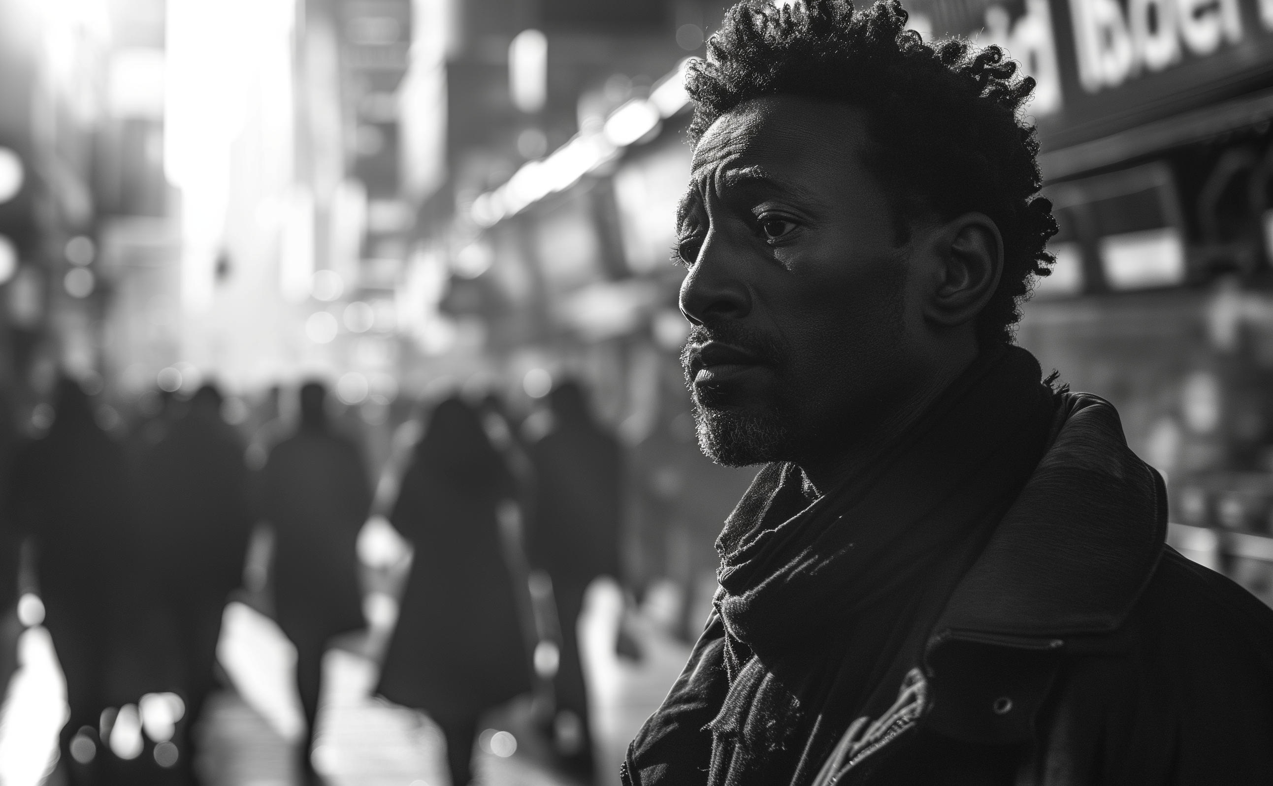 A Man's profile in contemplation, city life a blurred echo behind him