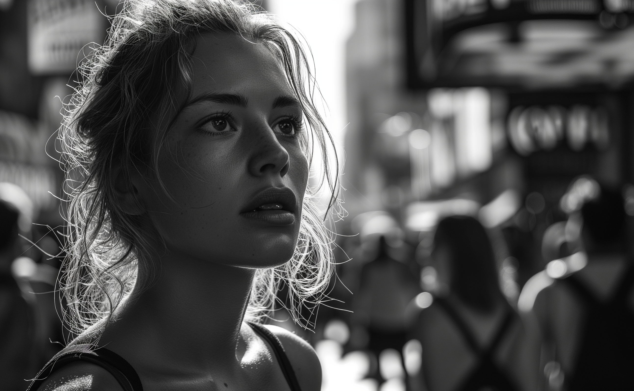 A Young woman, sunlight caress, amidst a bustling crowd, a moment's peace