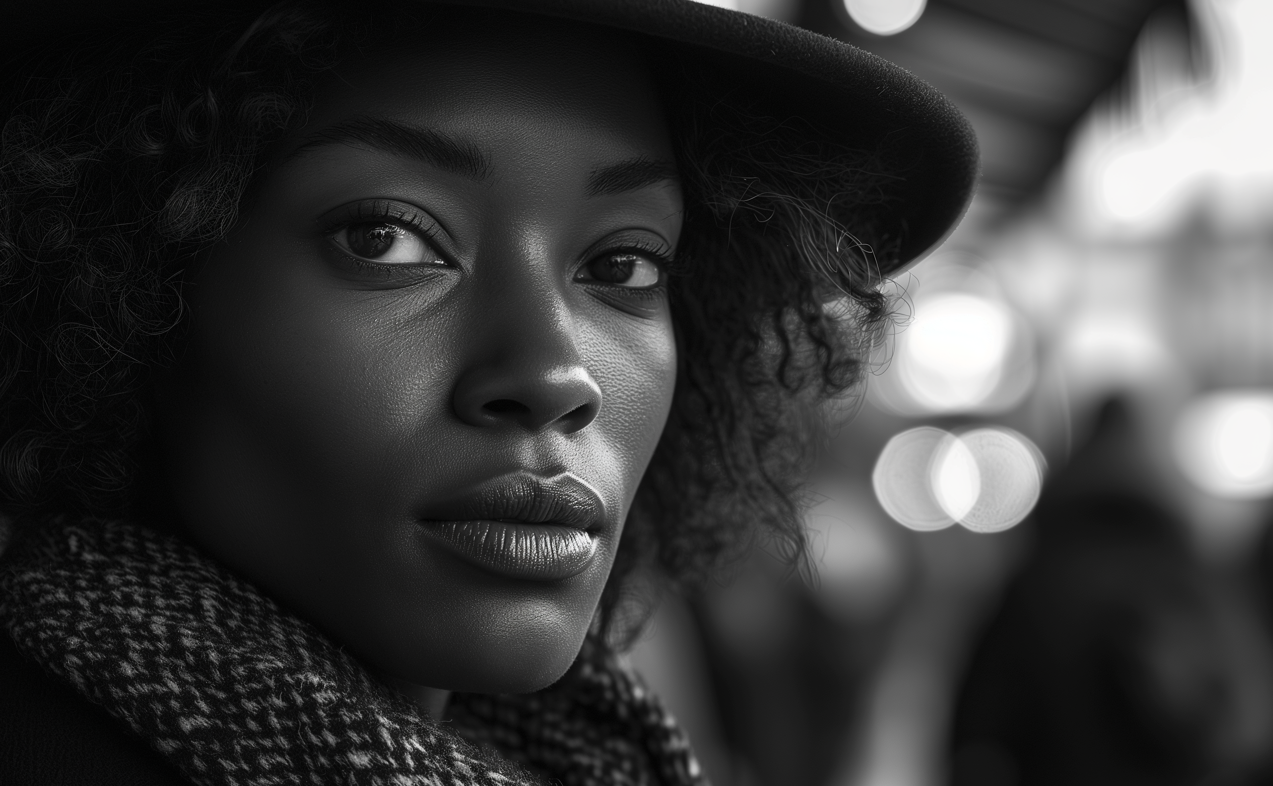 A Elegant hat, eyes speak volumes, city lights soften her thoughtful gaze