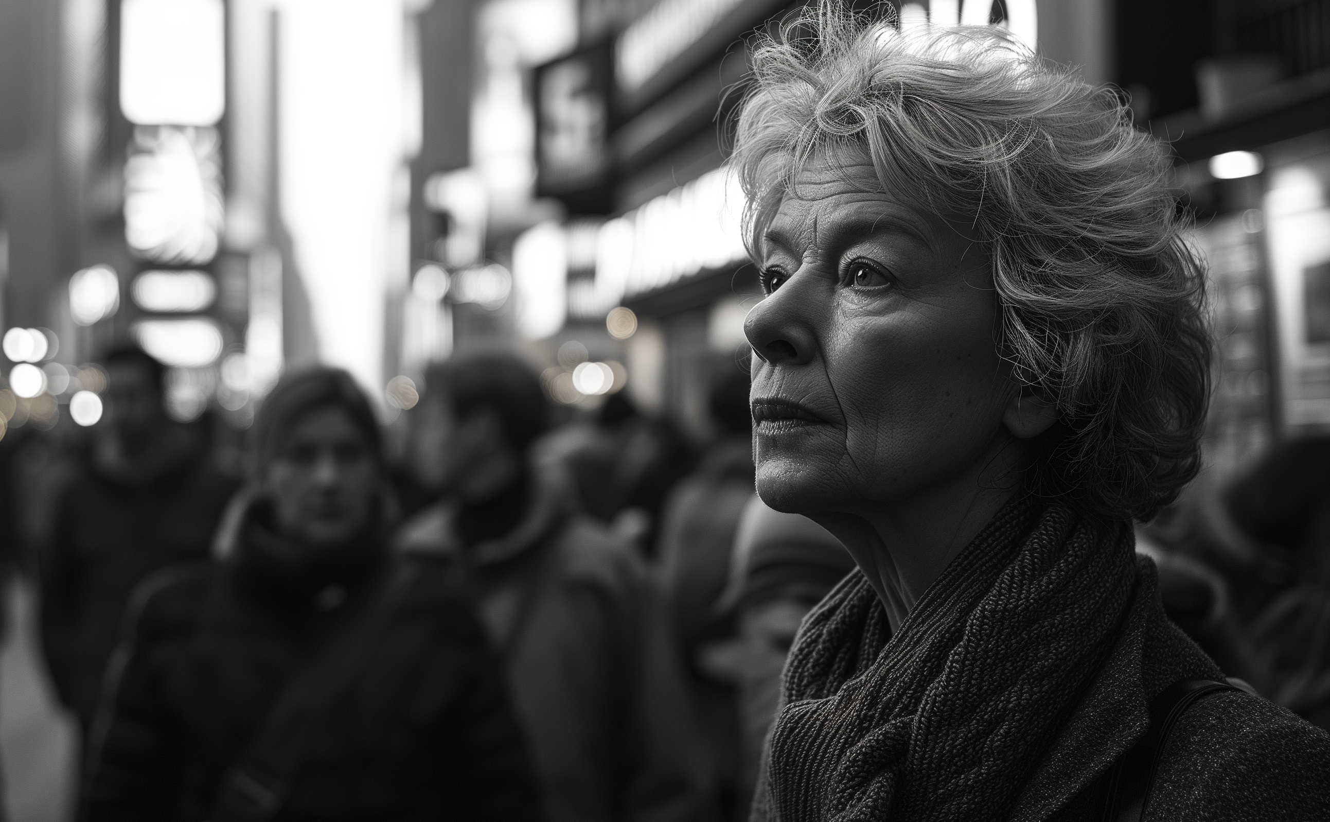 A Mature grace, eyes looking forward, wisdom set against the city's rhythm