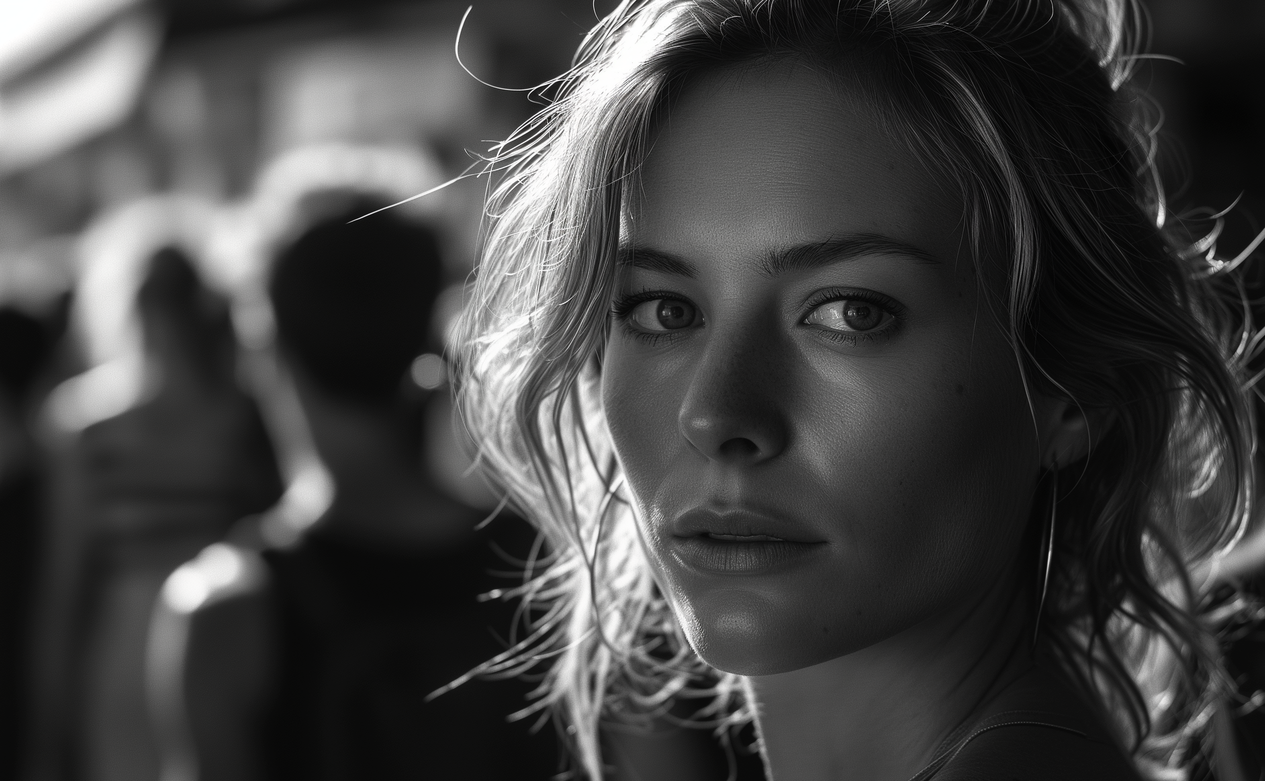 A Direct gaze, city's buzz fades, her presence as striking as the daylight