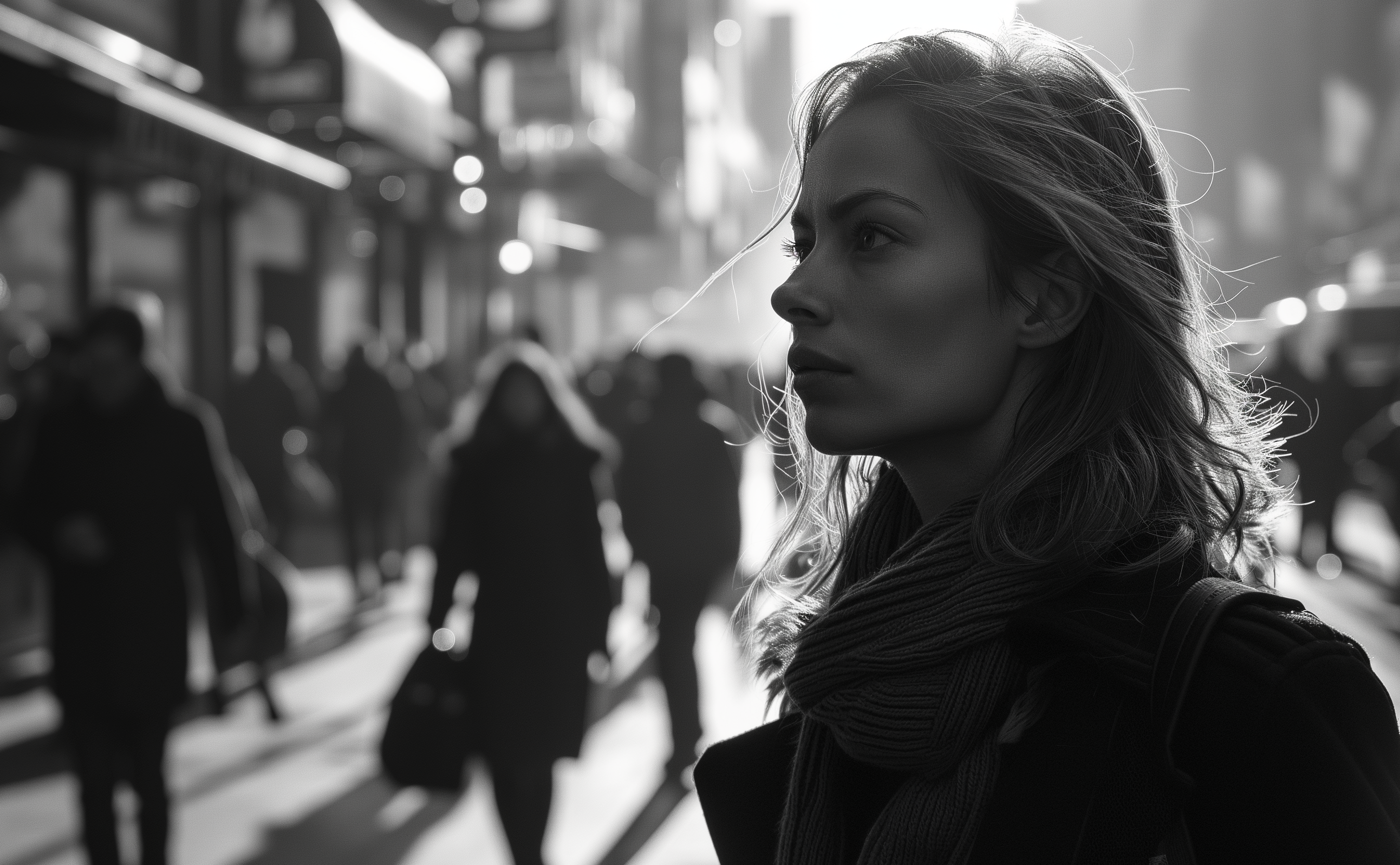A Woman looking sideways, city life whispers, caught between the light and shadow