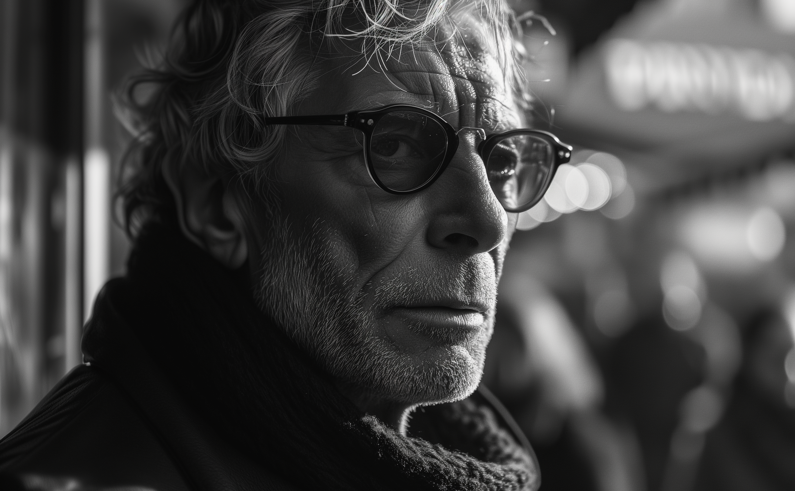 An Elder's wise gaze, city lights blur, a lifetime etched in his eyes