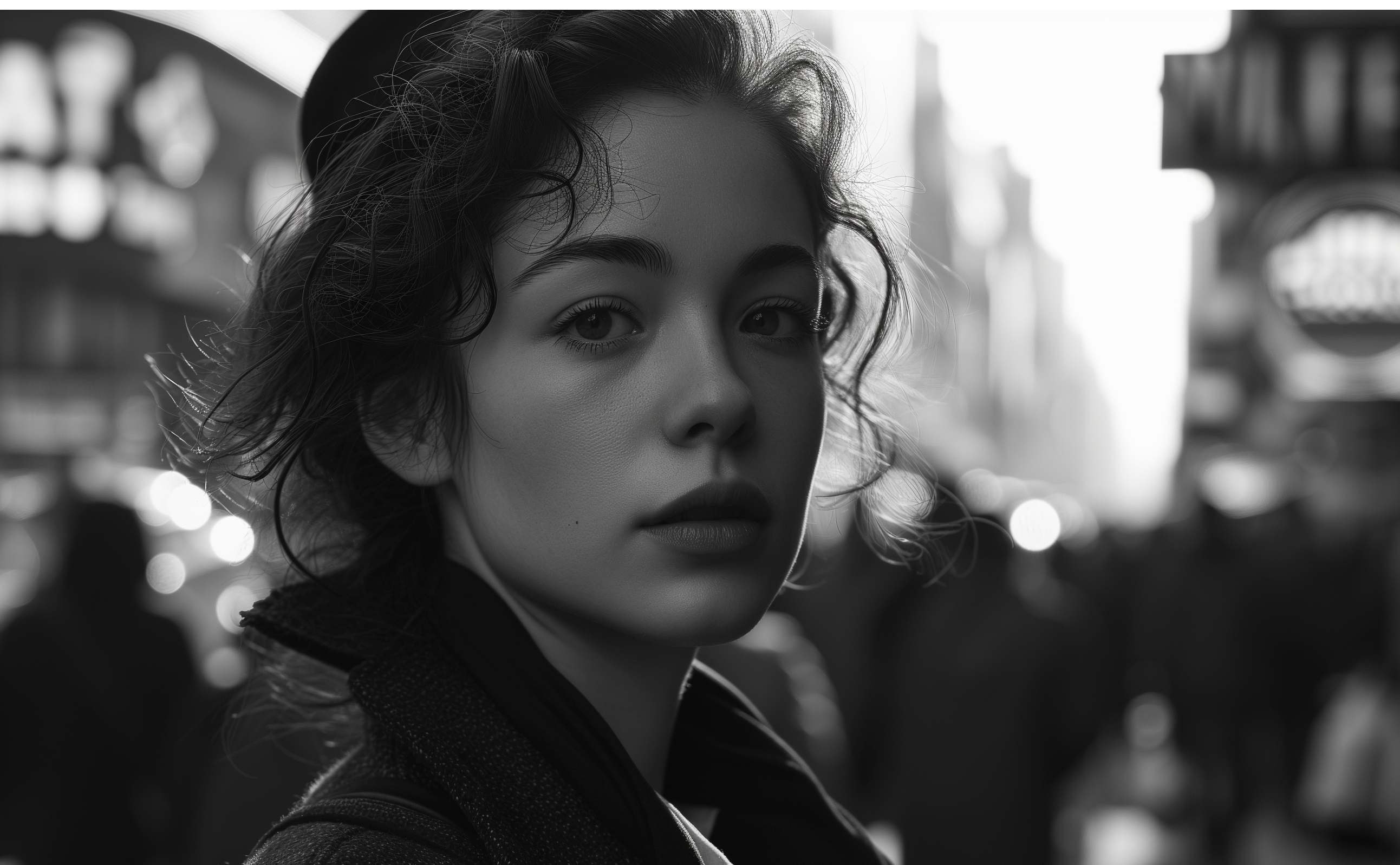 A Young woman, city's morning light, a quiet defiance in her eyes