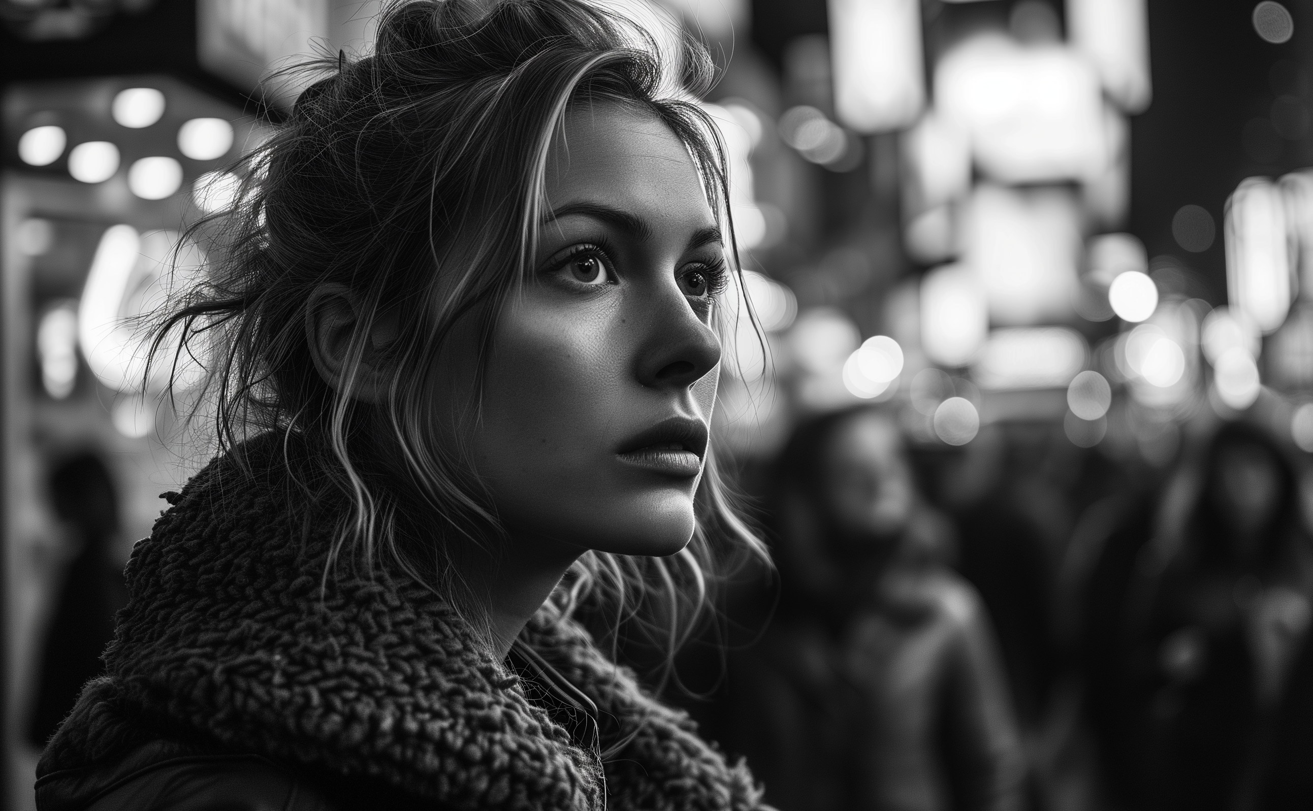 A Pensive beauty, city's twilight, her thoughts lost in the crowd