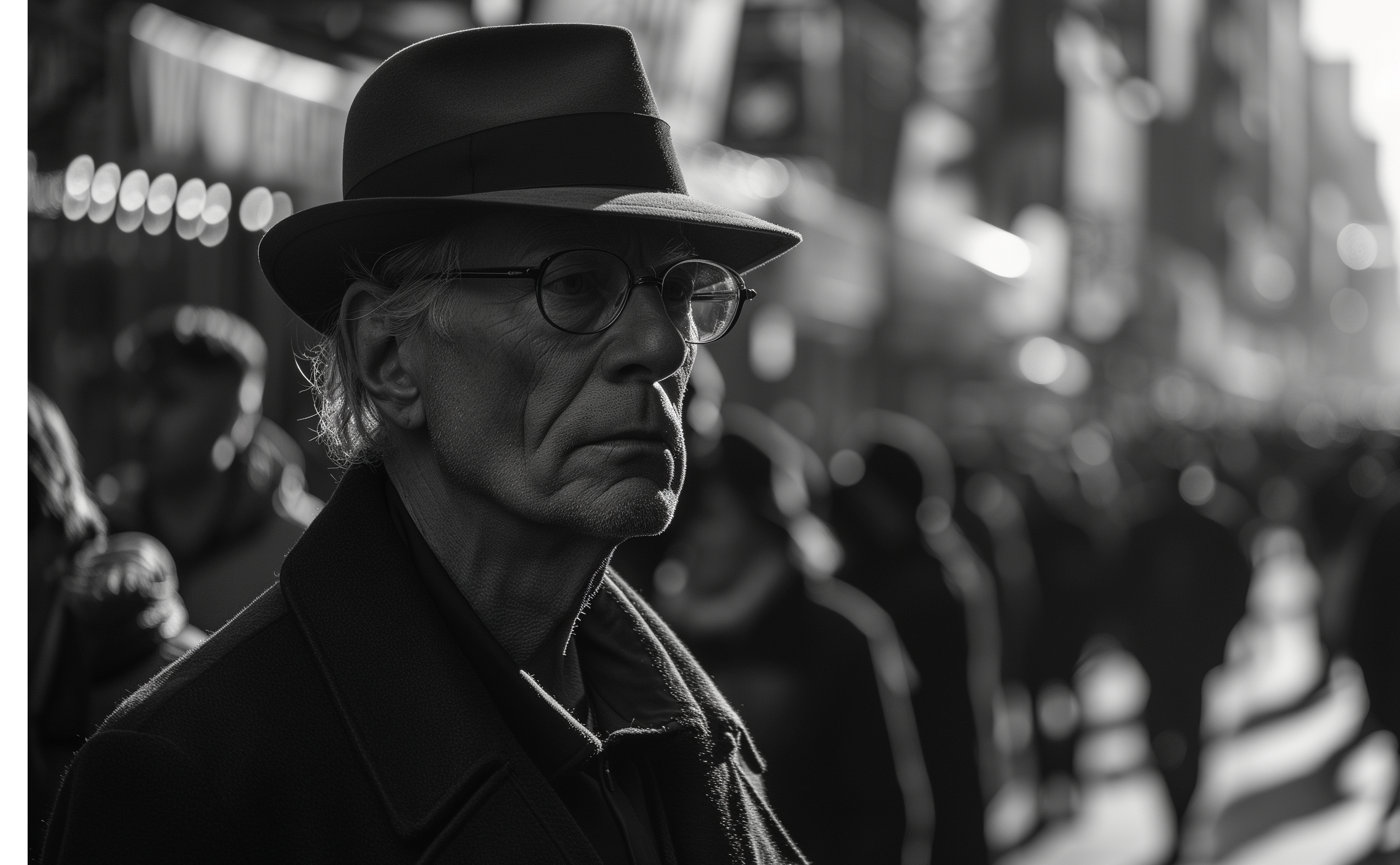 A Gentleman's sombre stare, hat sharp, amidst the city's hushed tales