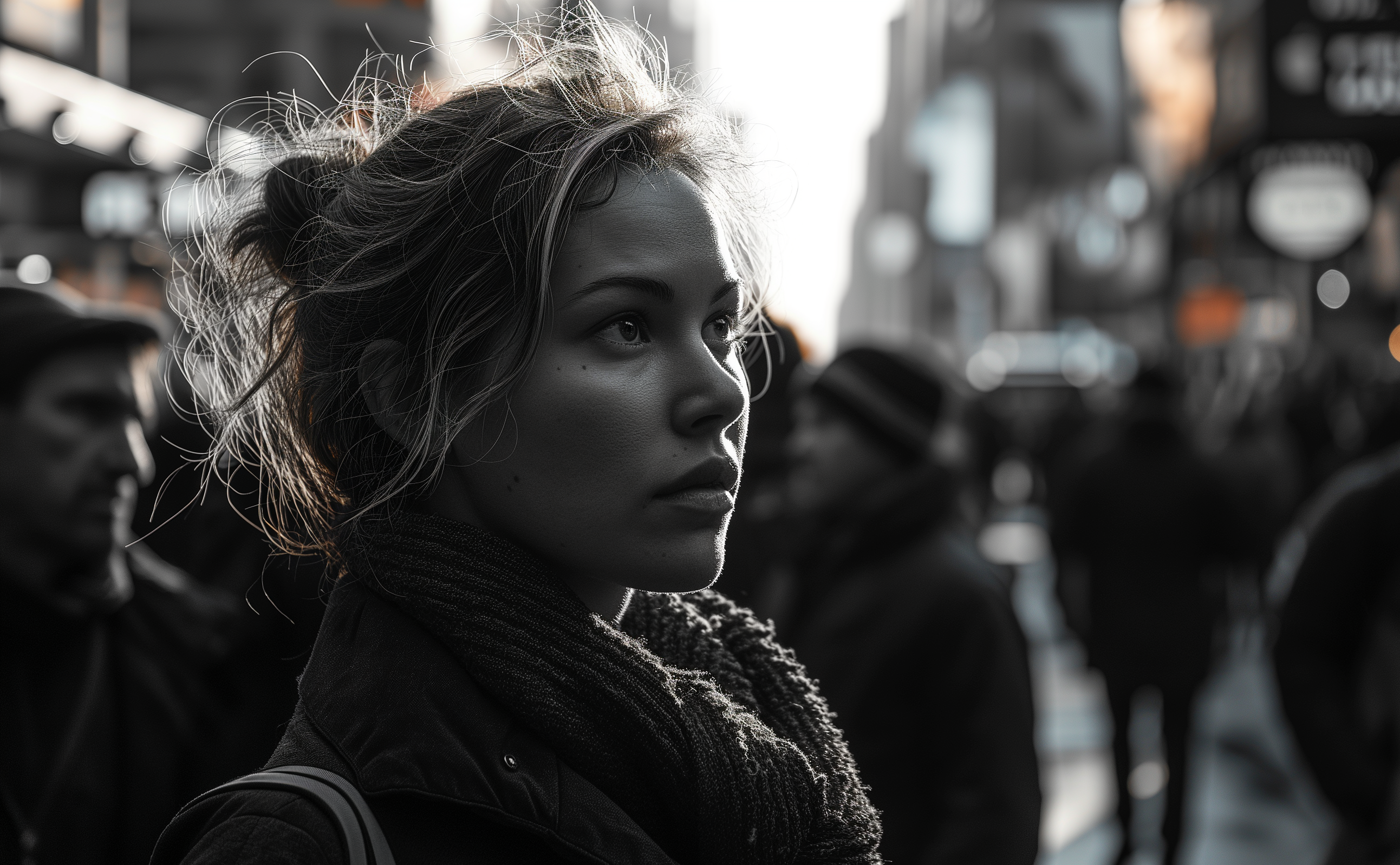 A Woman's gaze, city at sunset, a moment's quiet in the chaos