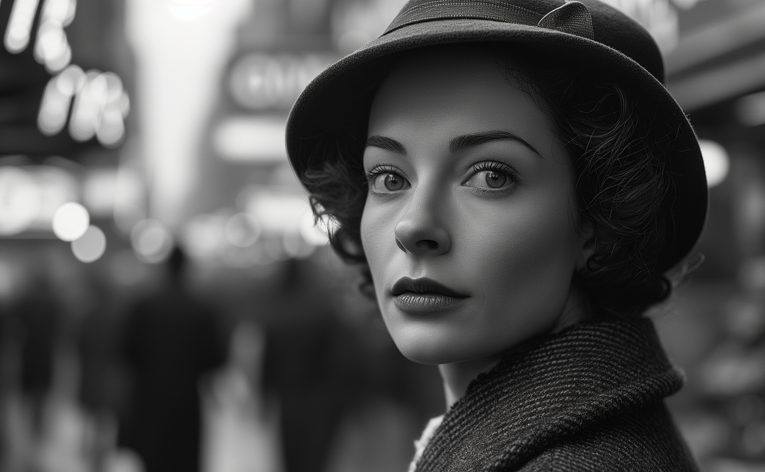 A Stylish hat, striking eyes, her allure amidst the city's rhythm