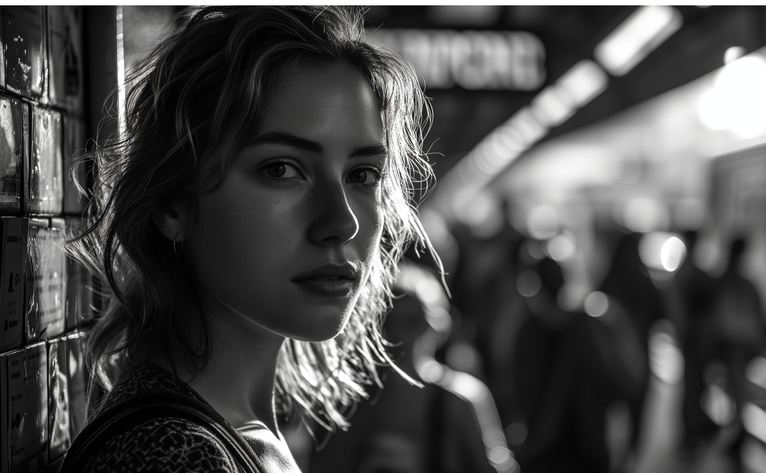 A Staring soulfully, amidst city bustle, a portrait of serene youth