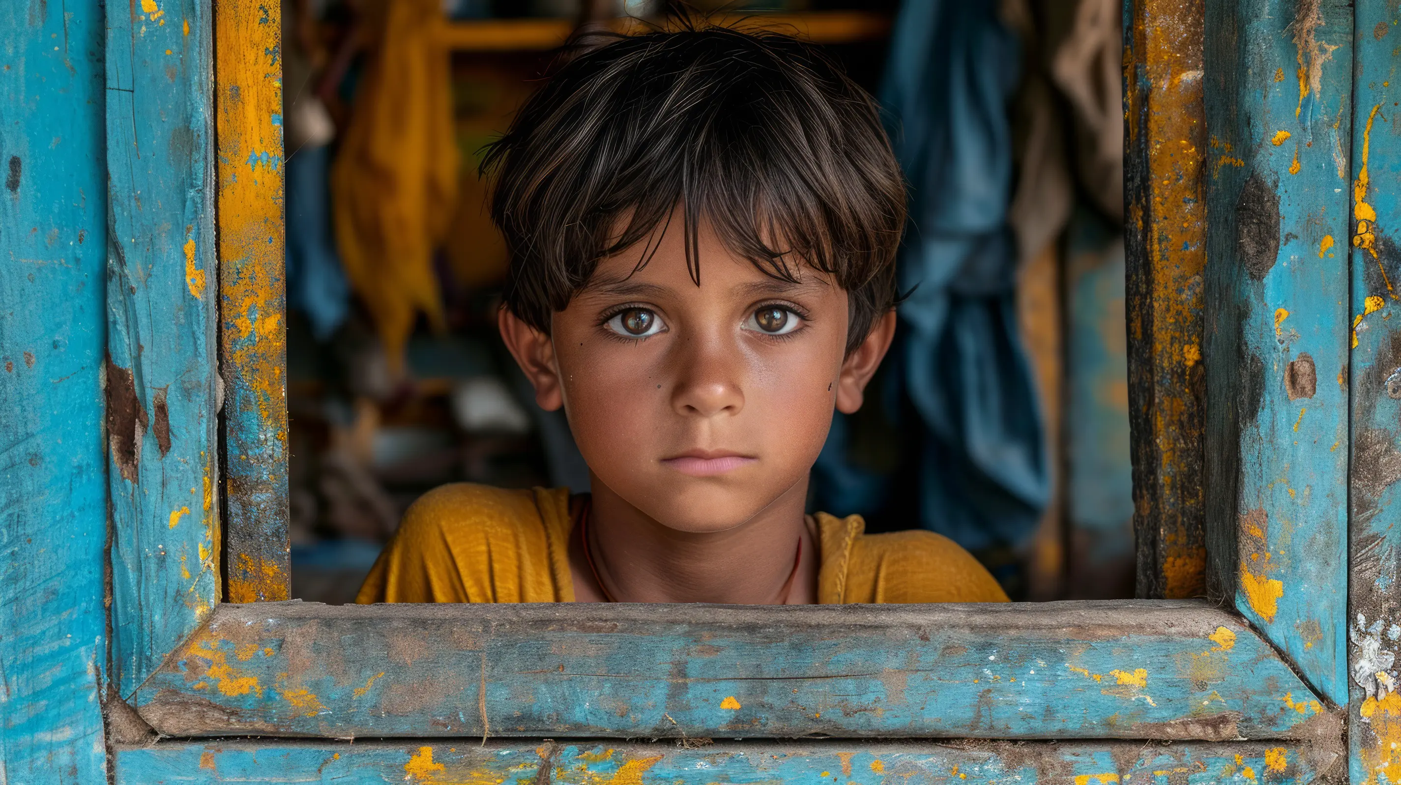 Innocence peering through rustic blue