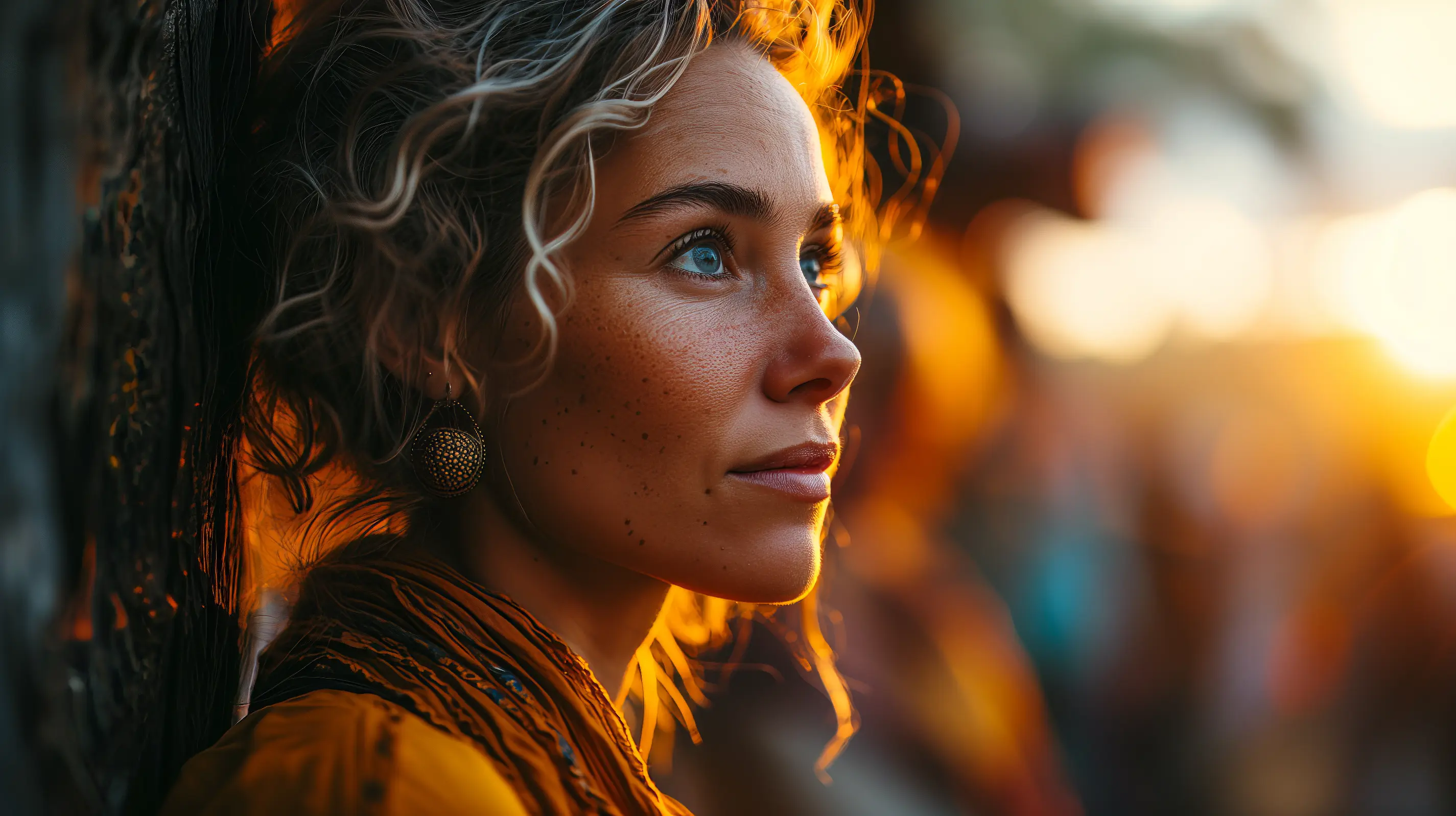 A Contemplative woman bathed in sunset, a calm amidst a backdrop of vibrant lives