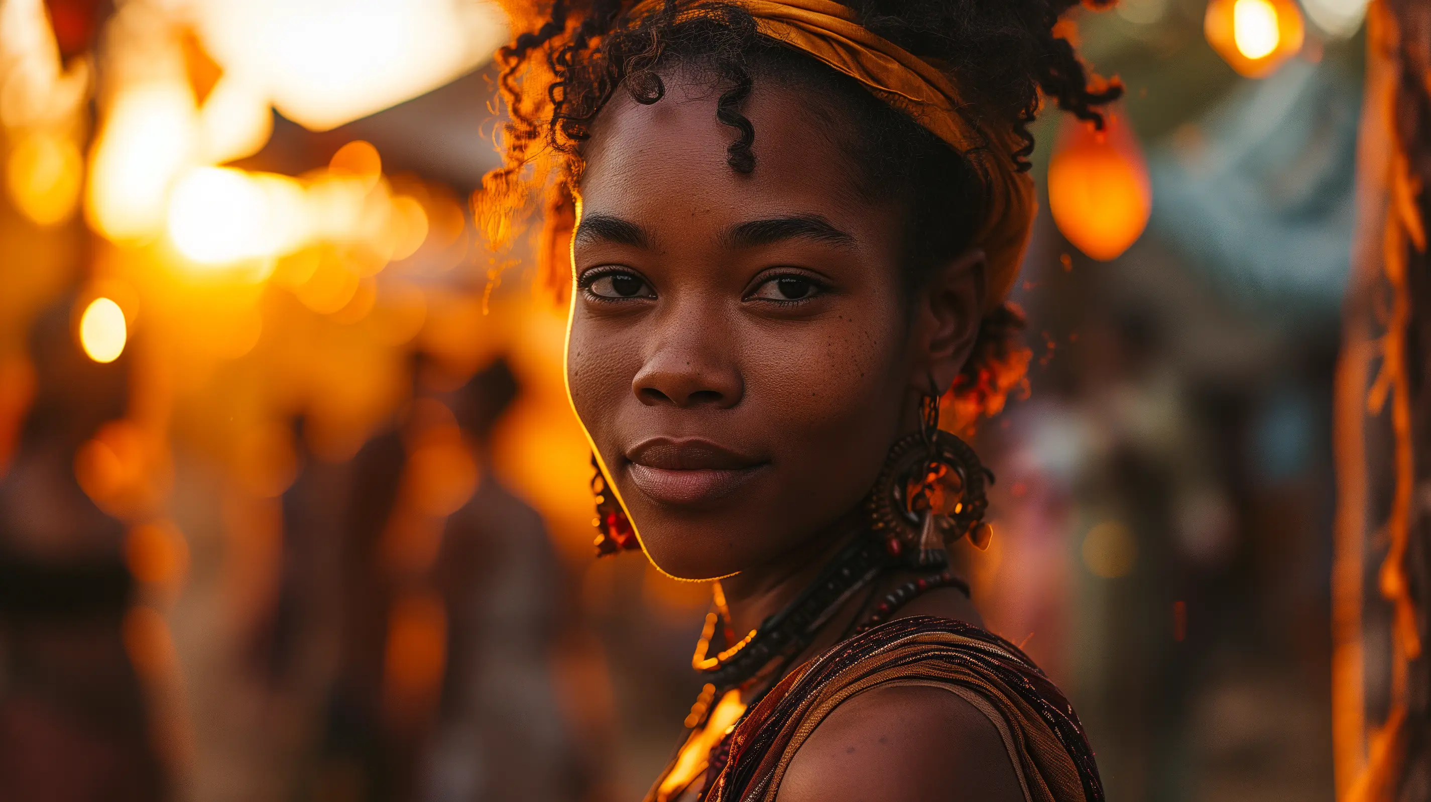 A Confident gaze amidst festive lights; evening's allure captured