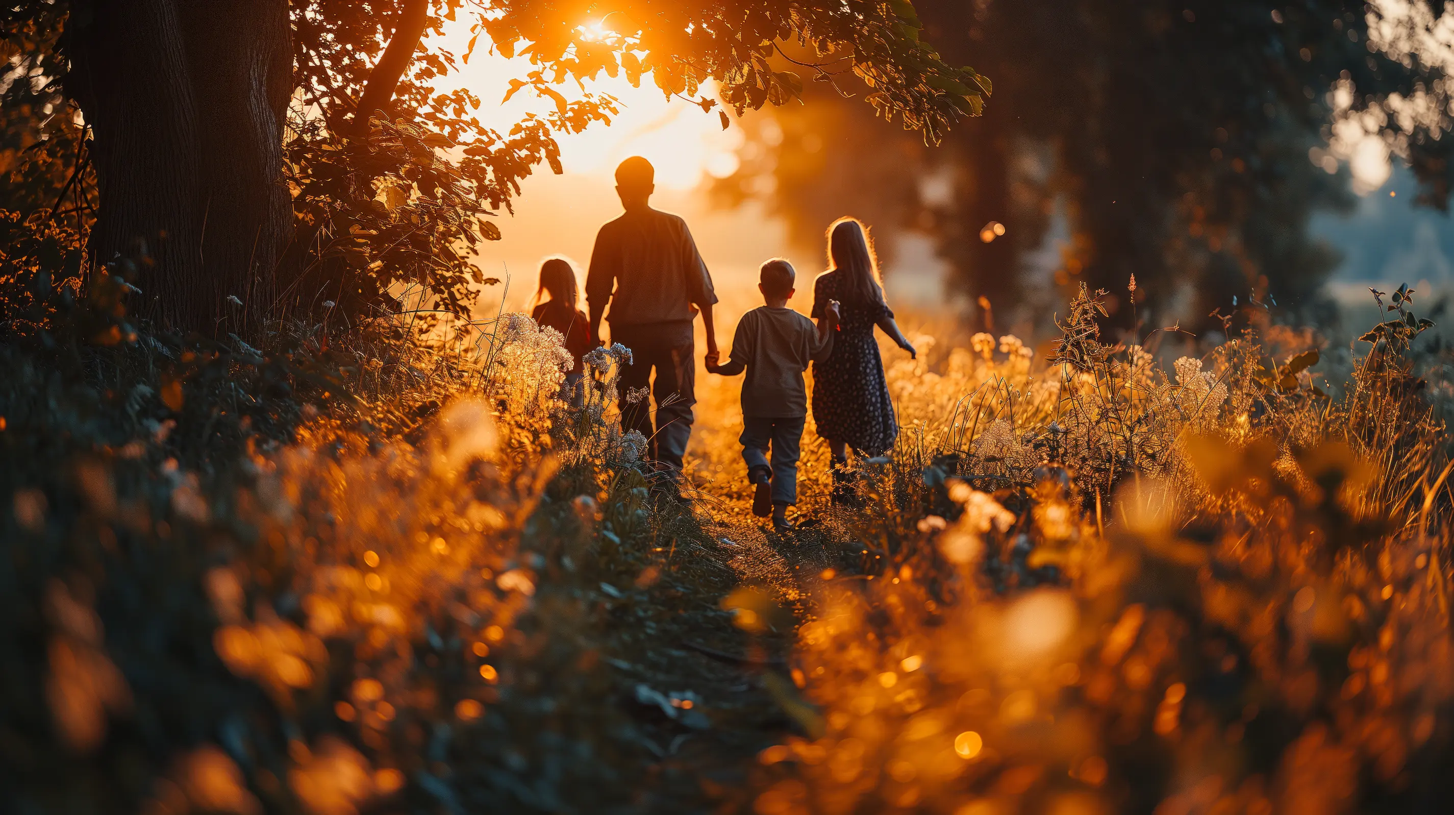 A Family's journey in golden light, together into dusk