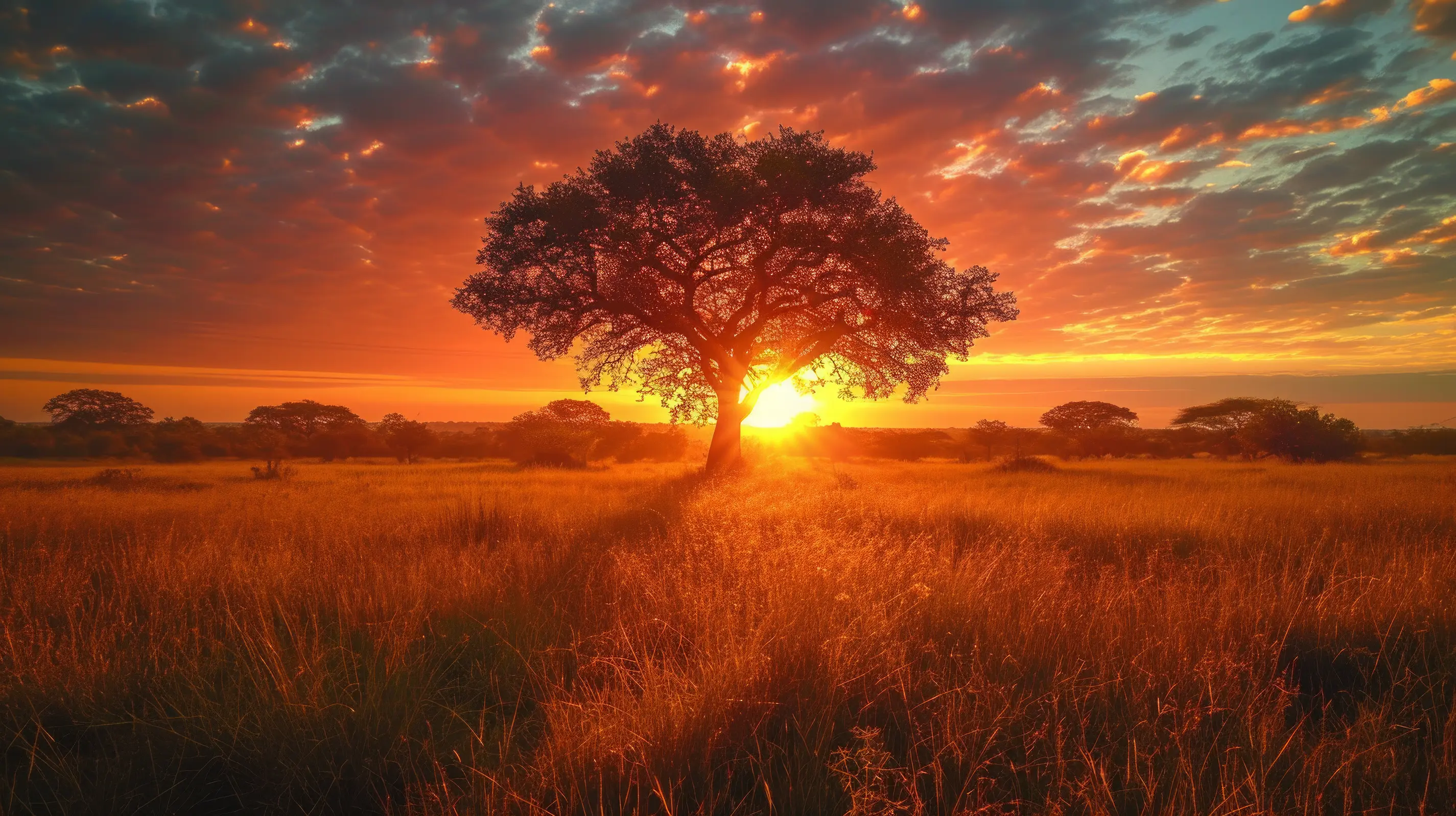 Sunset with two silhouette trees