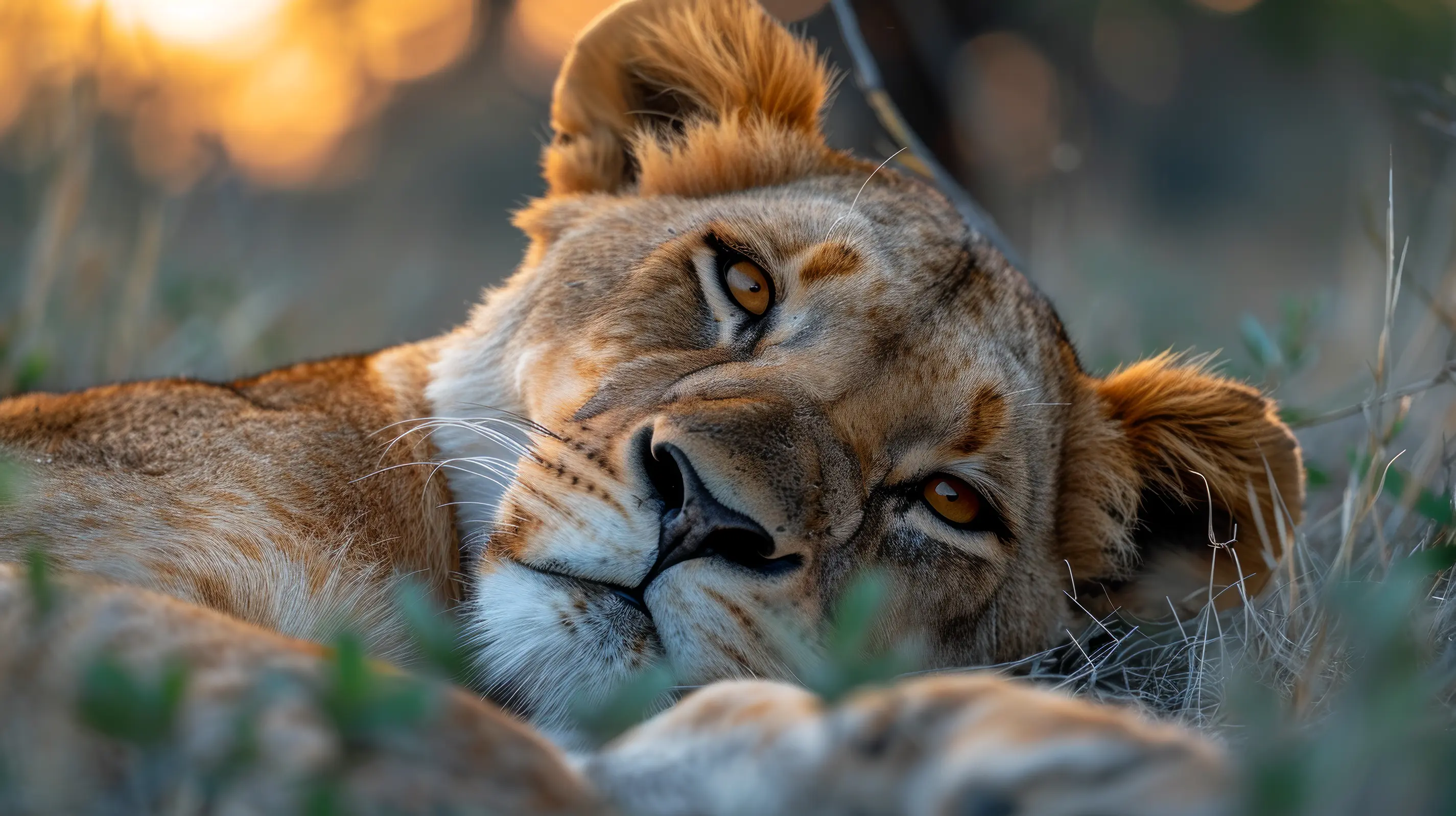 Lion's face close-up at dusk