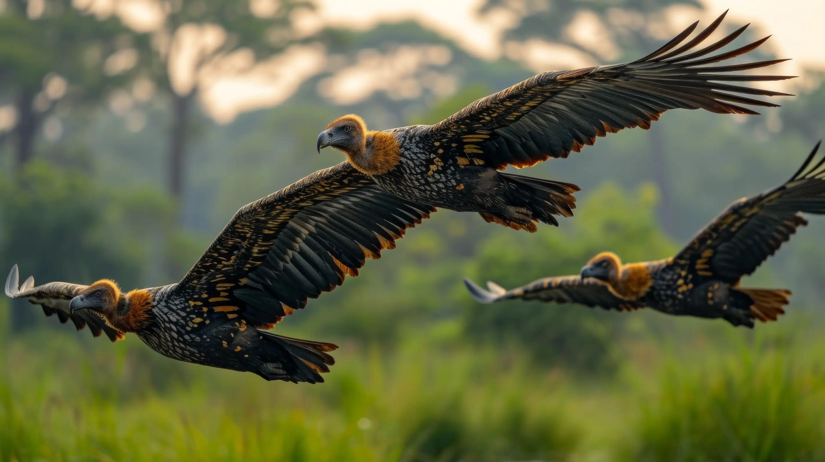 Three flying vultures in light