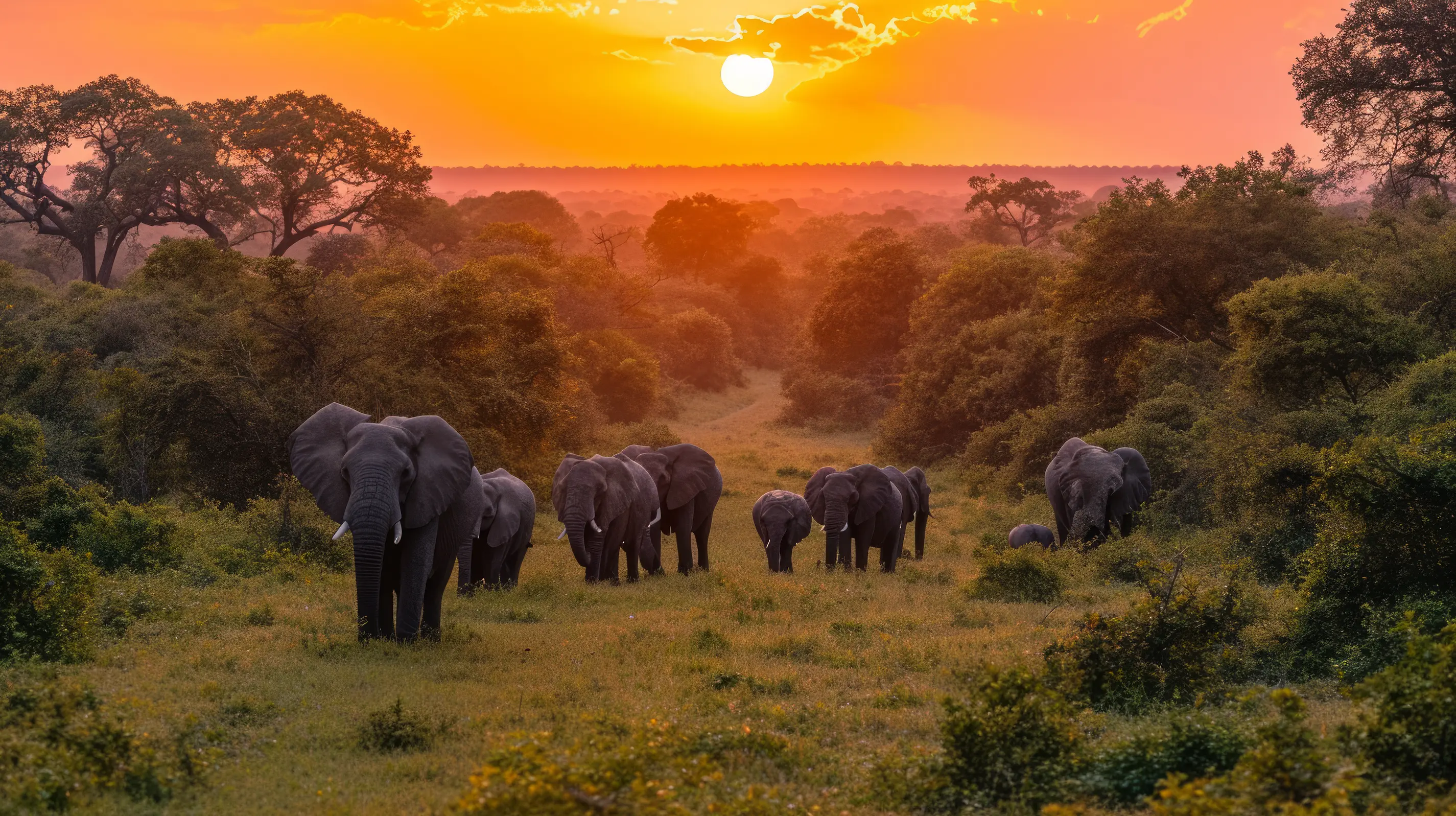 Herd of elephants at sunset
