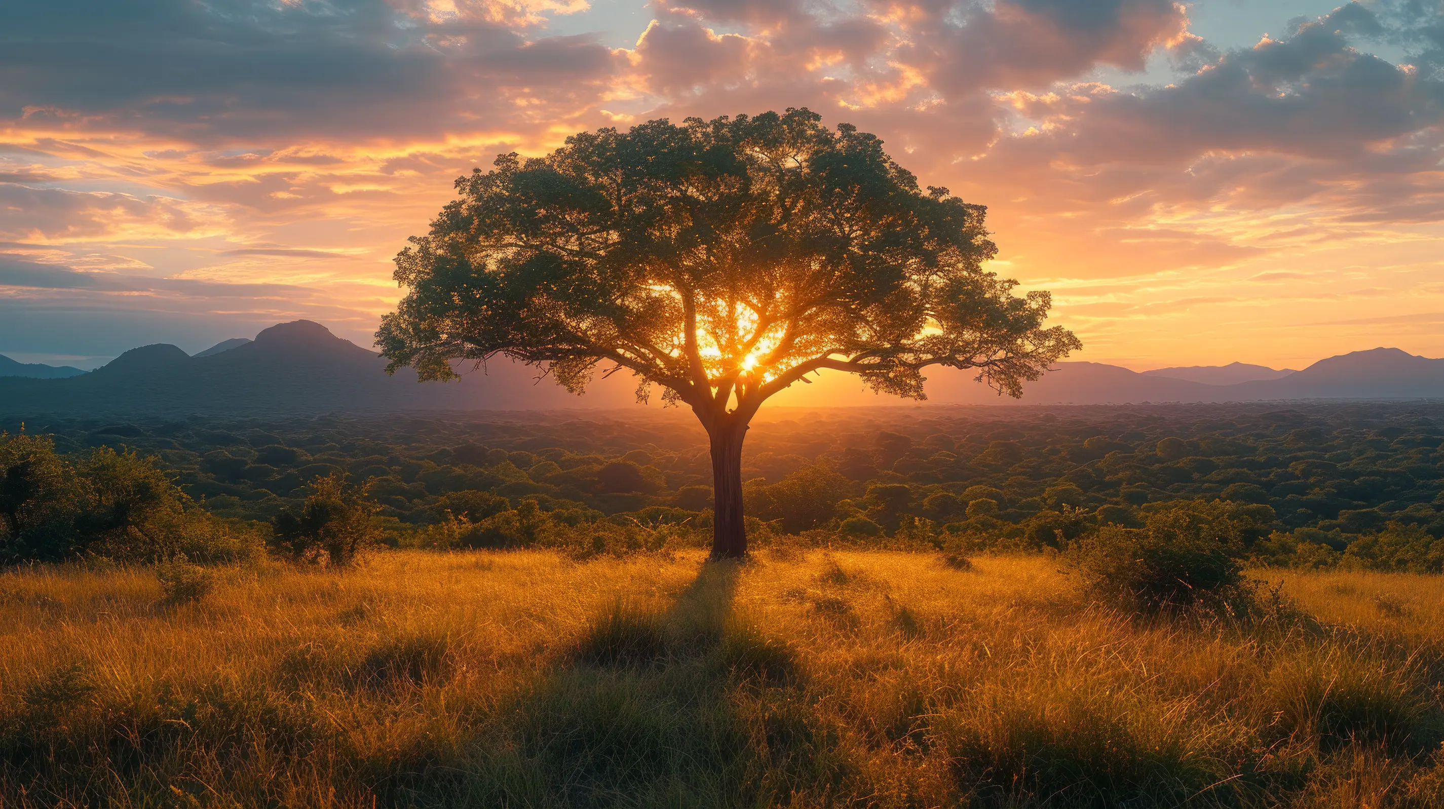 Tree backlight by sunset in savanna