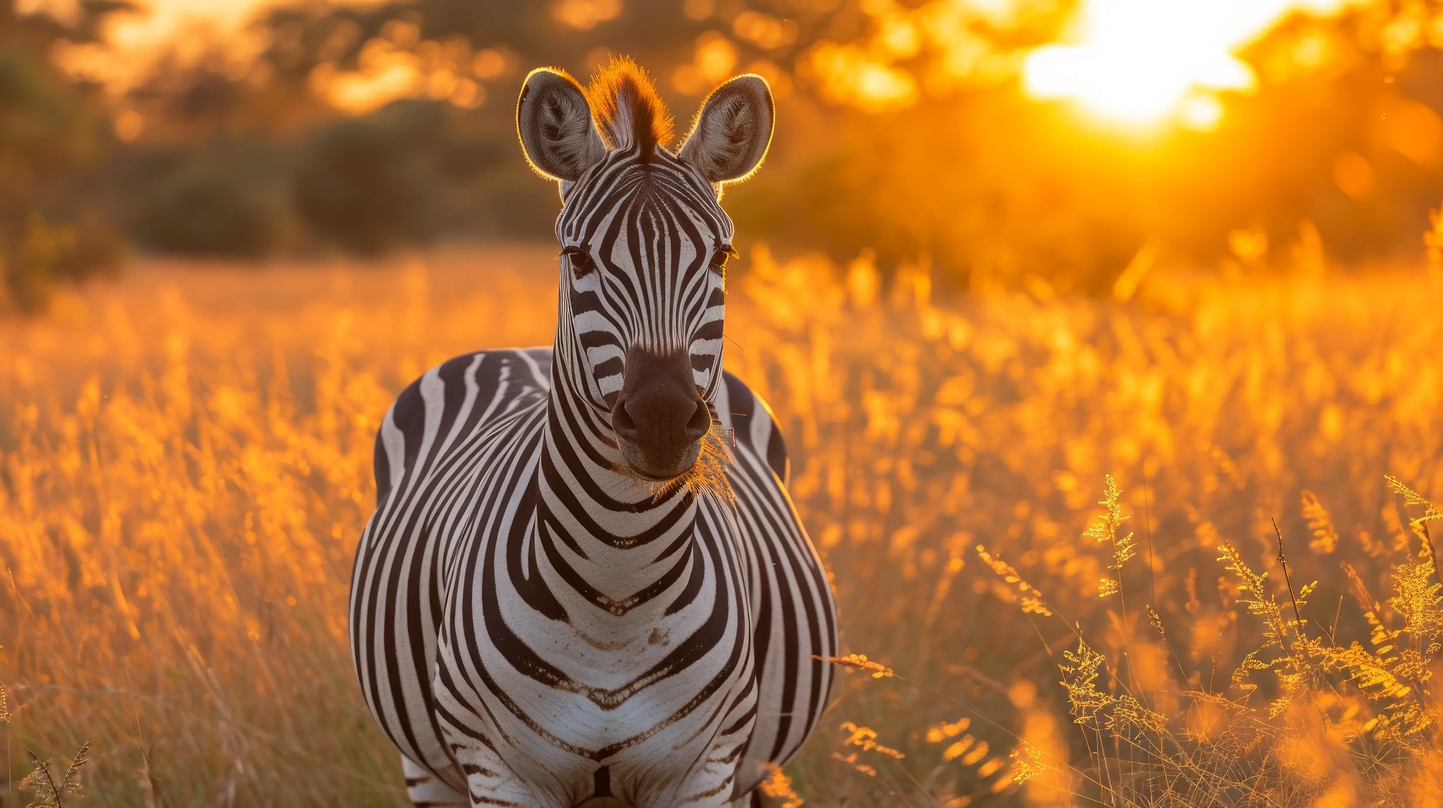 Zebra facing camera at sunset