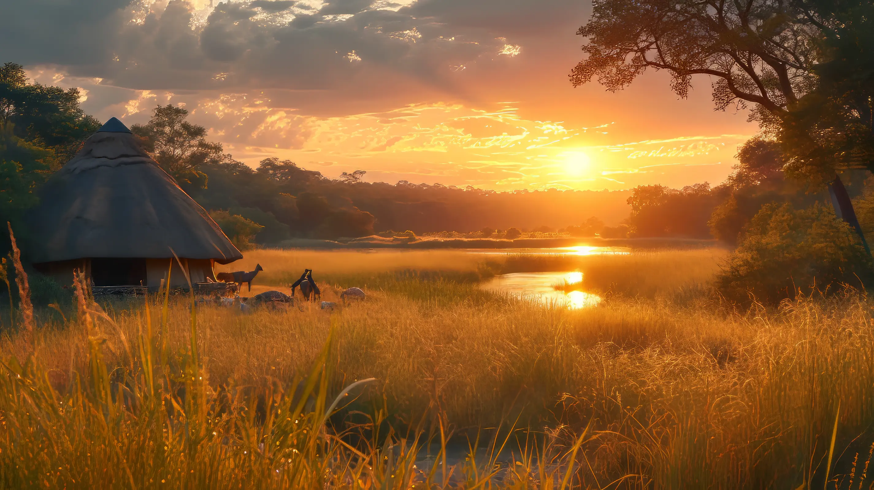 Sunset over savanna with hut