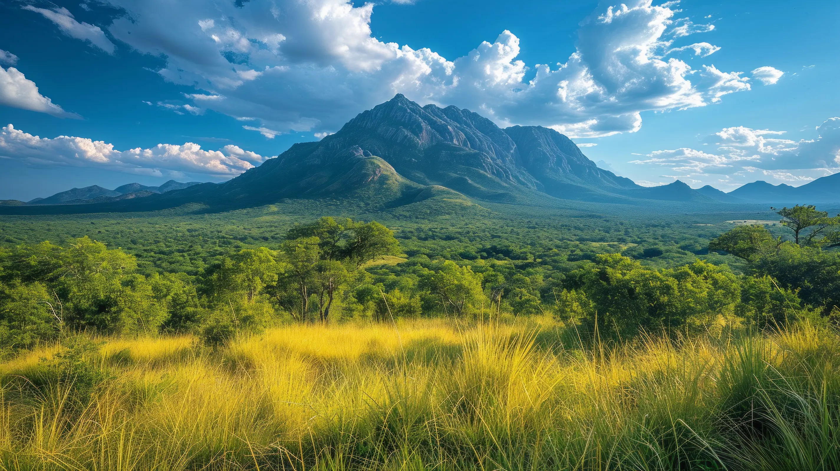 Lush savanna with towering mountain