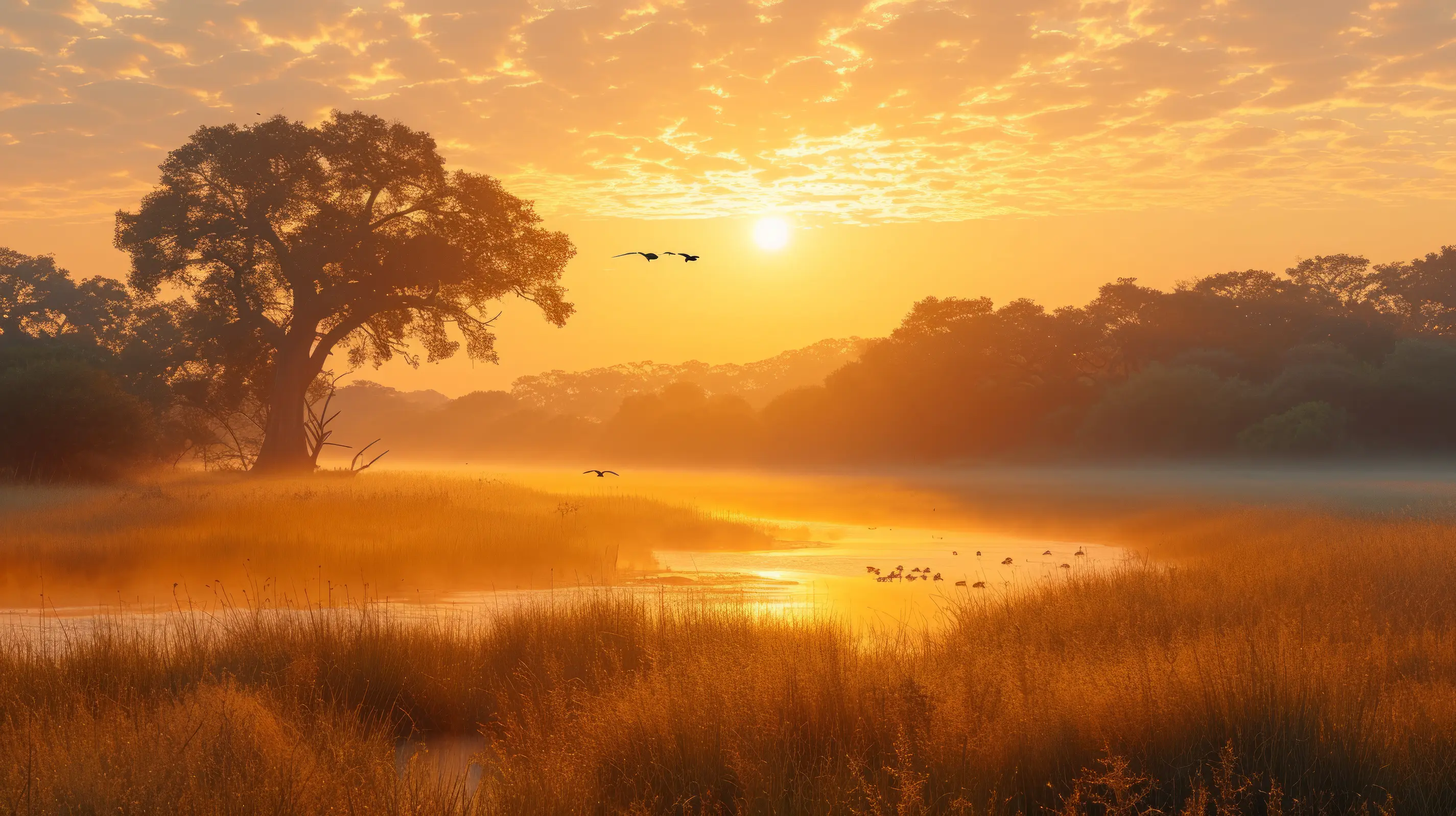 Misty sunrise with tree silhouette