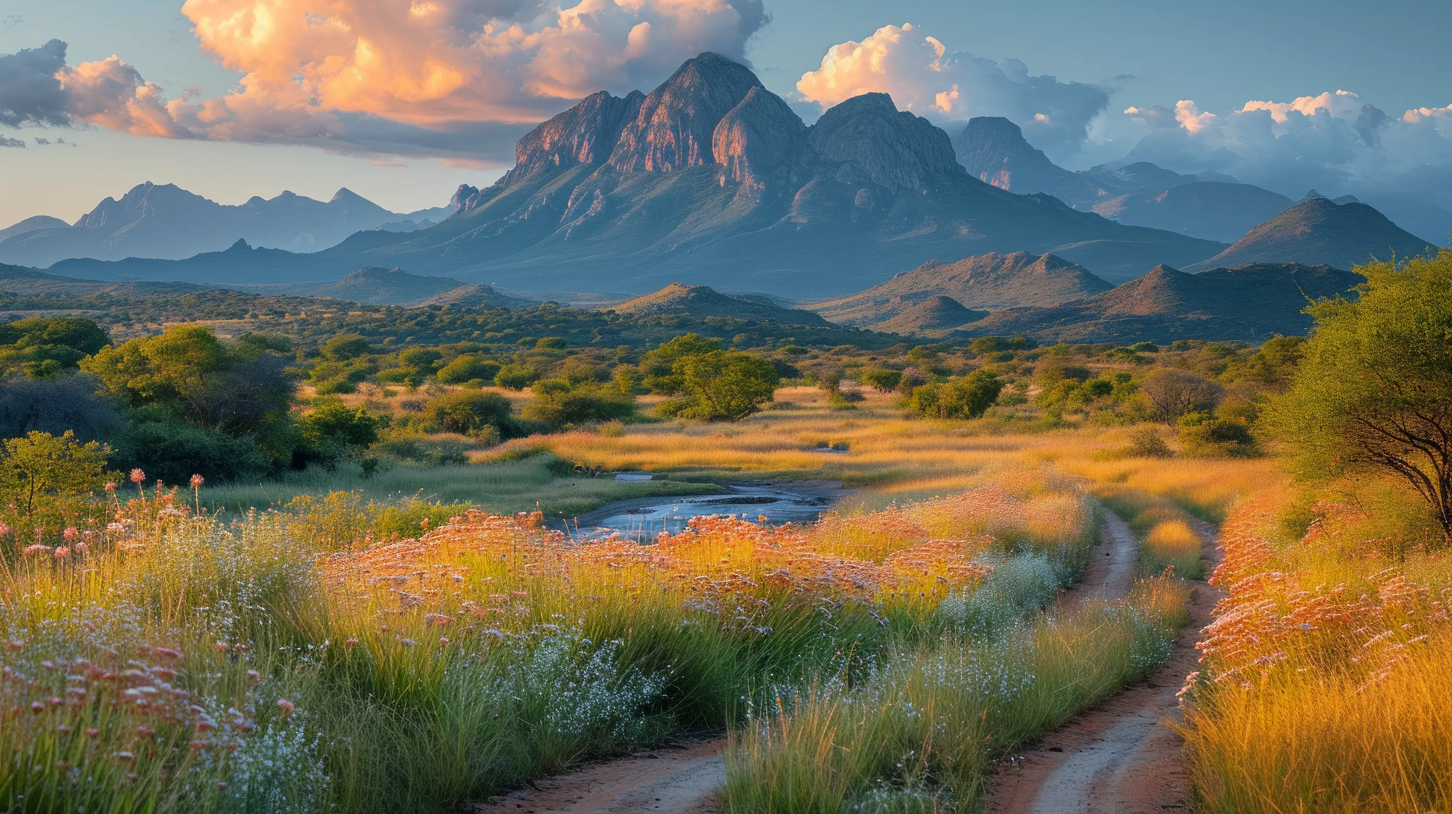 Path leading to mountain at sunset
