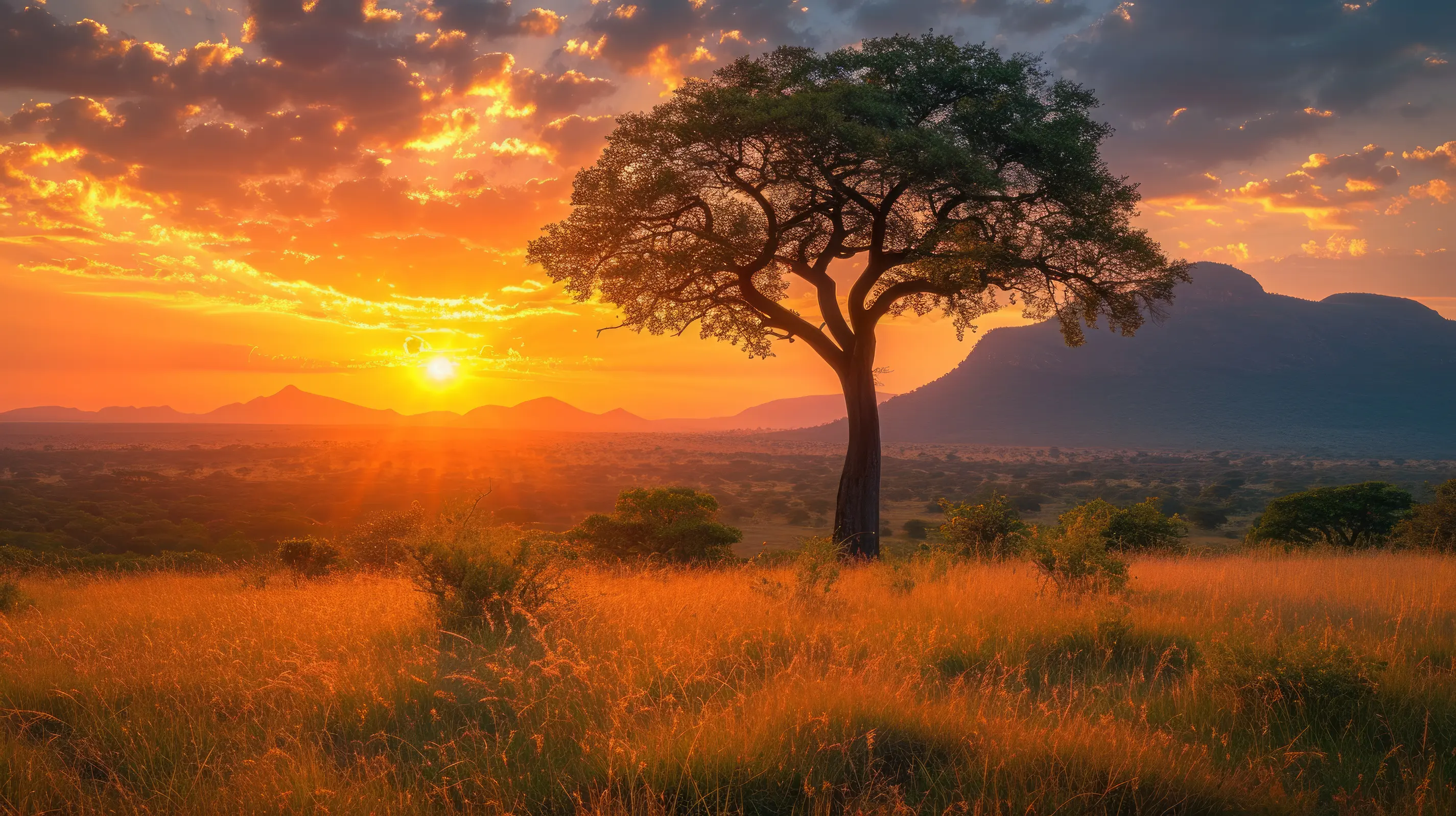 Sunset and tree with mountain backdrop