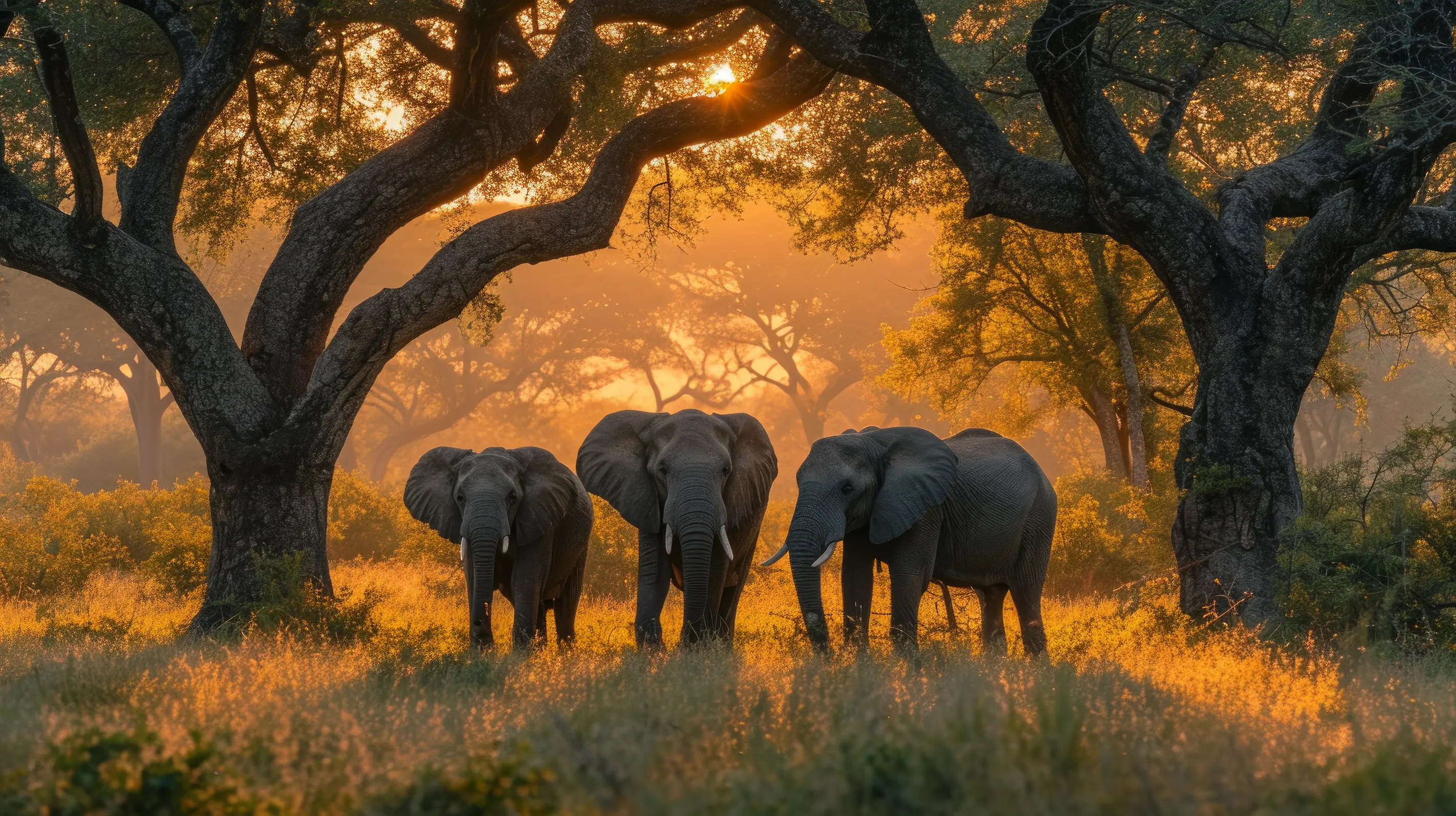 Elephants in misty golden savanna