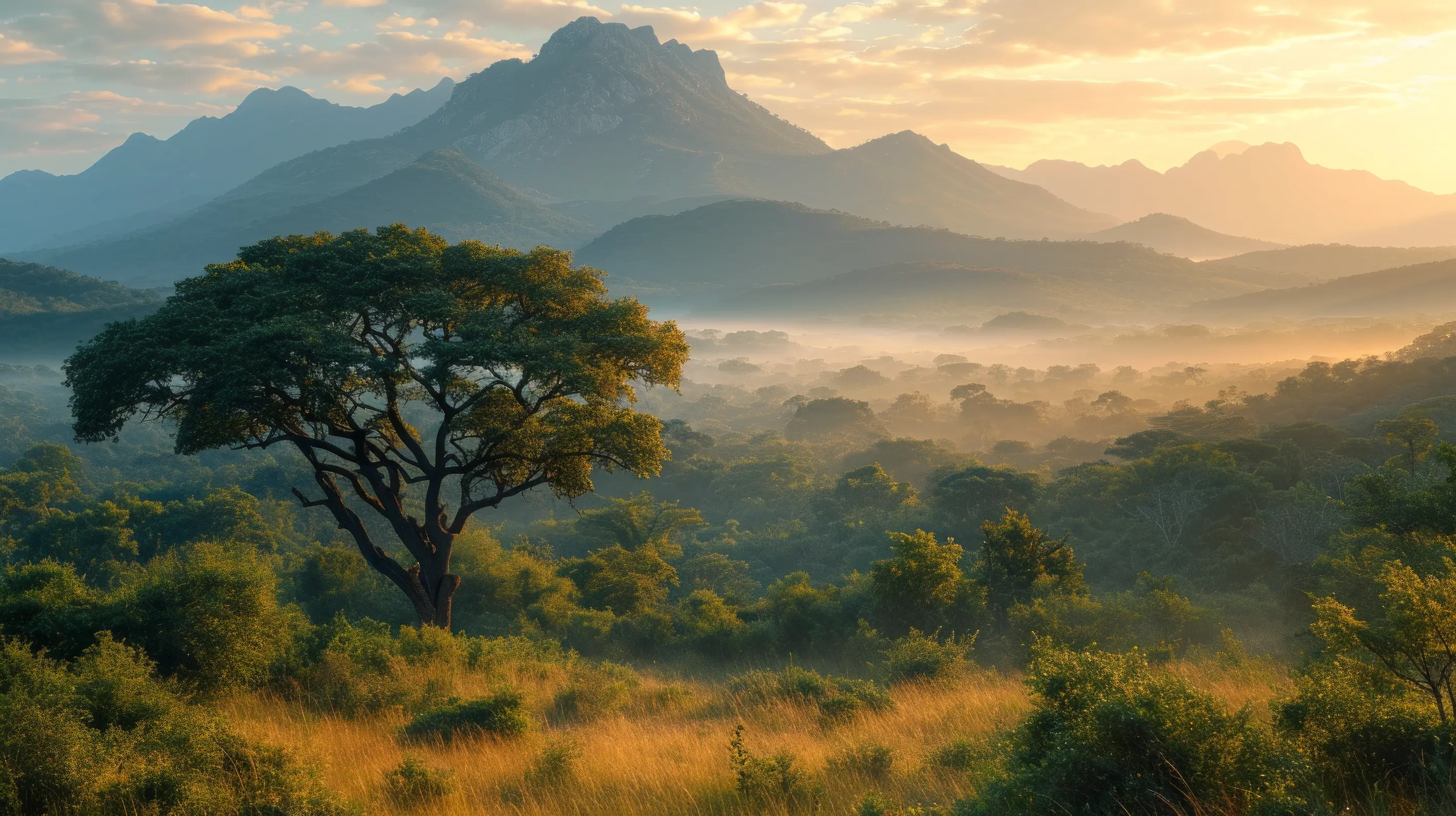 Misty dawn in savanna with tree