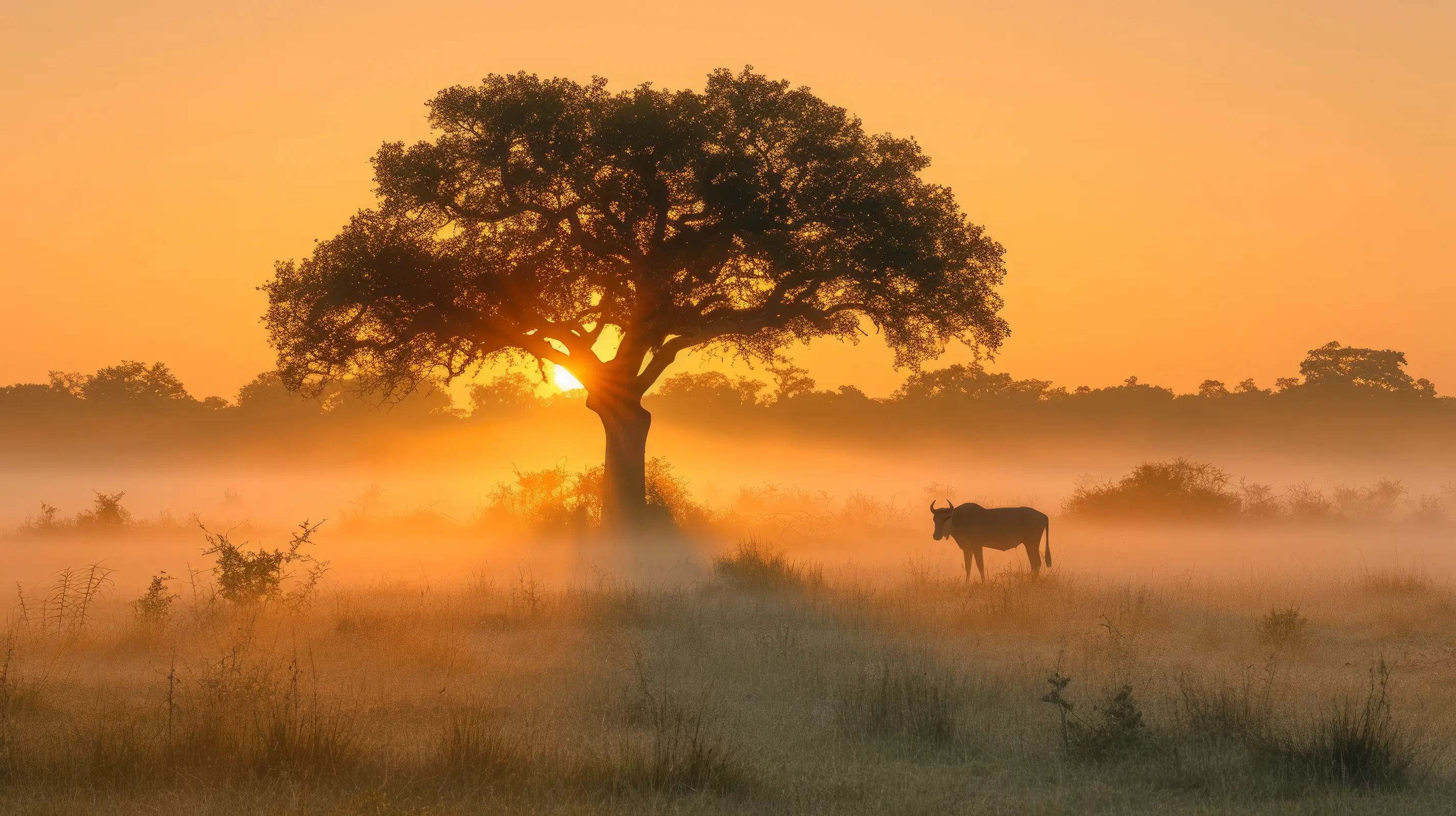 Tree silhouette with foggy sunrise and antelope