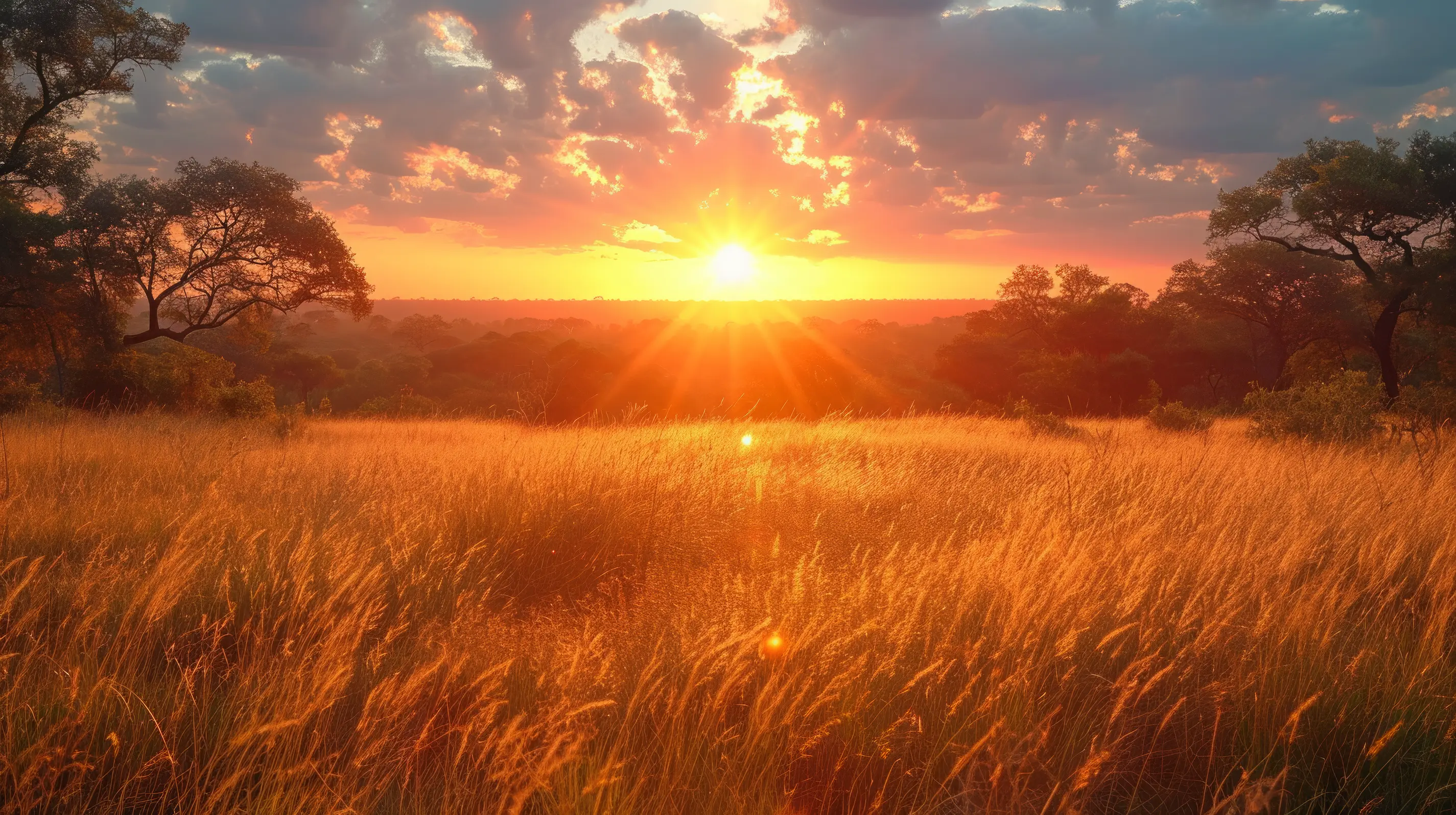 Sunburst over savanna landscape