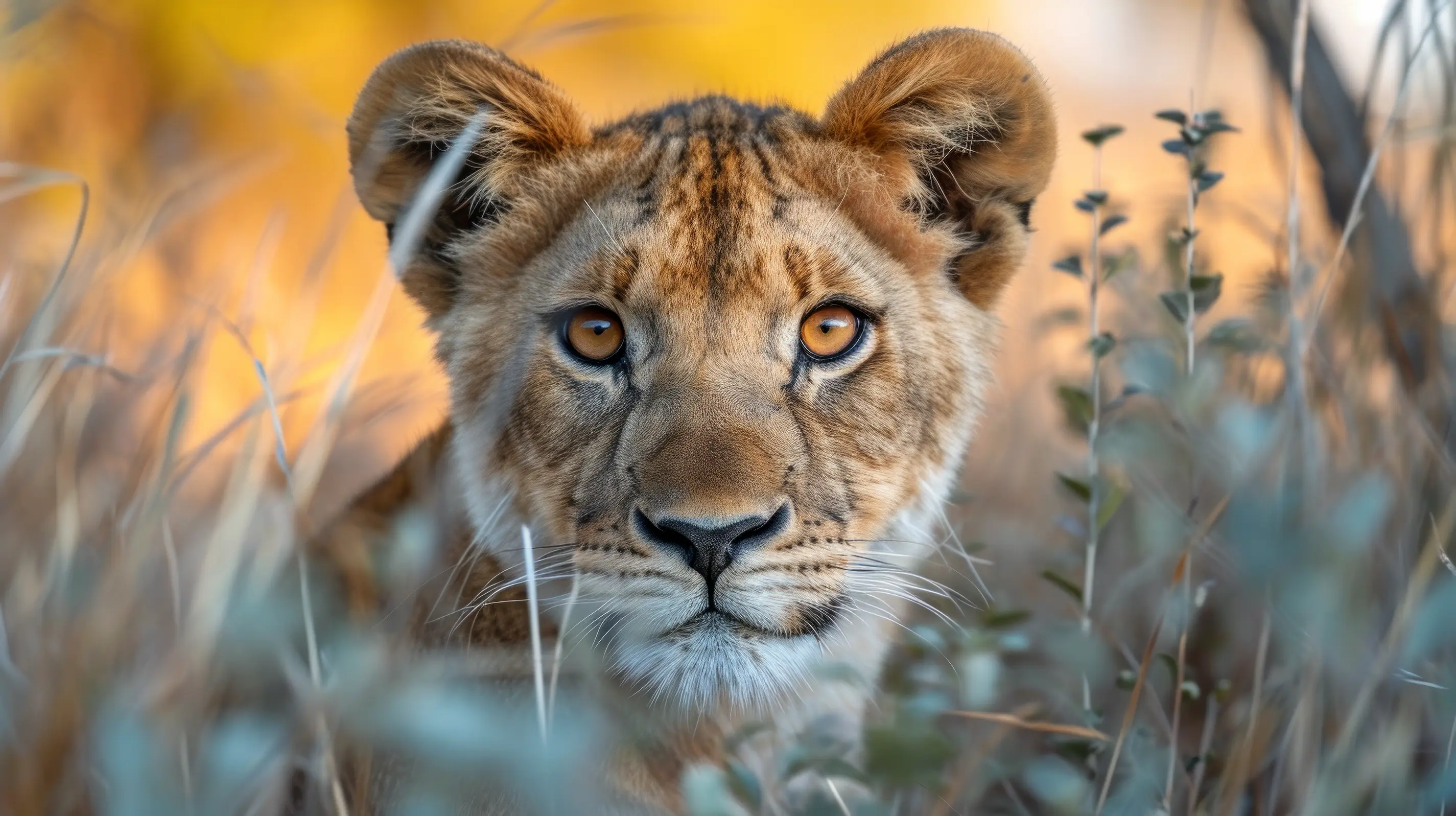 Lion cub among golden grasses