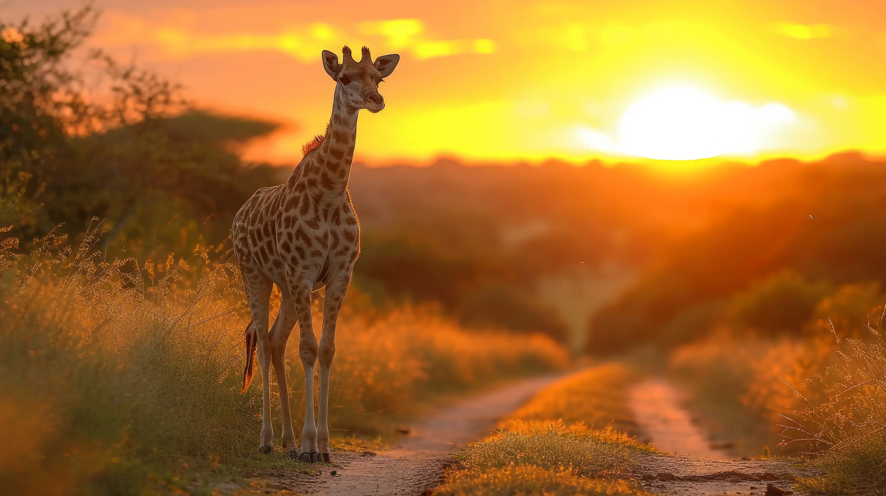 Giraffe on path at golden sunset