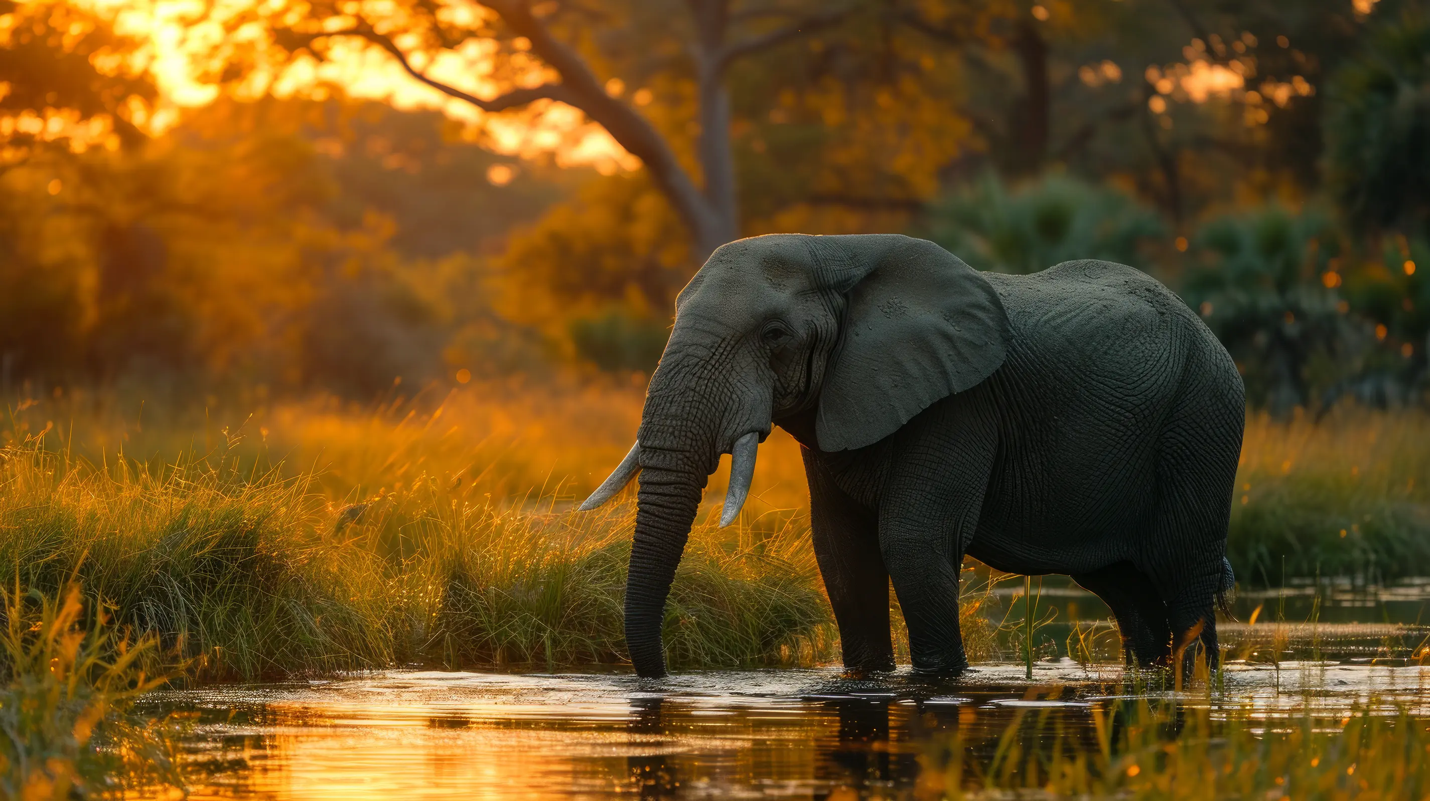 Elephant wading in sunset reflection