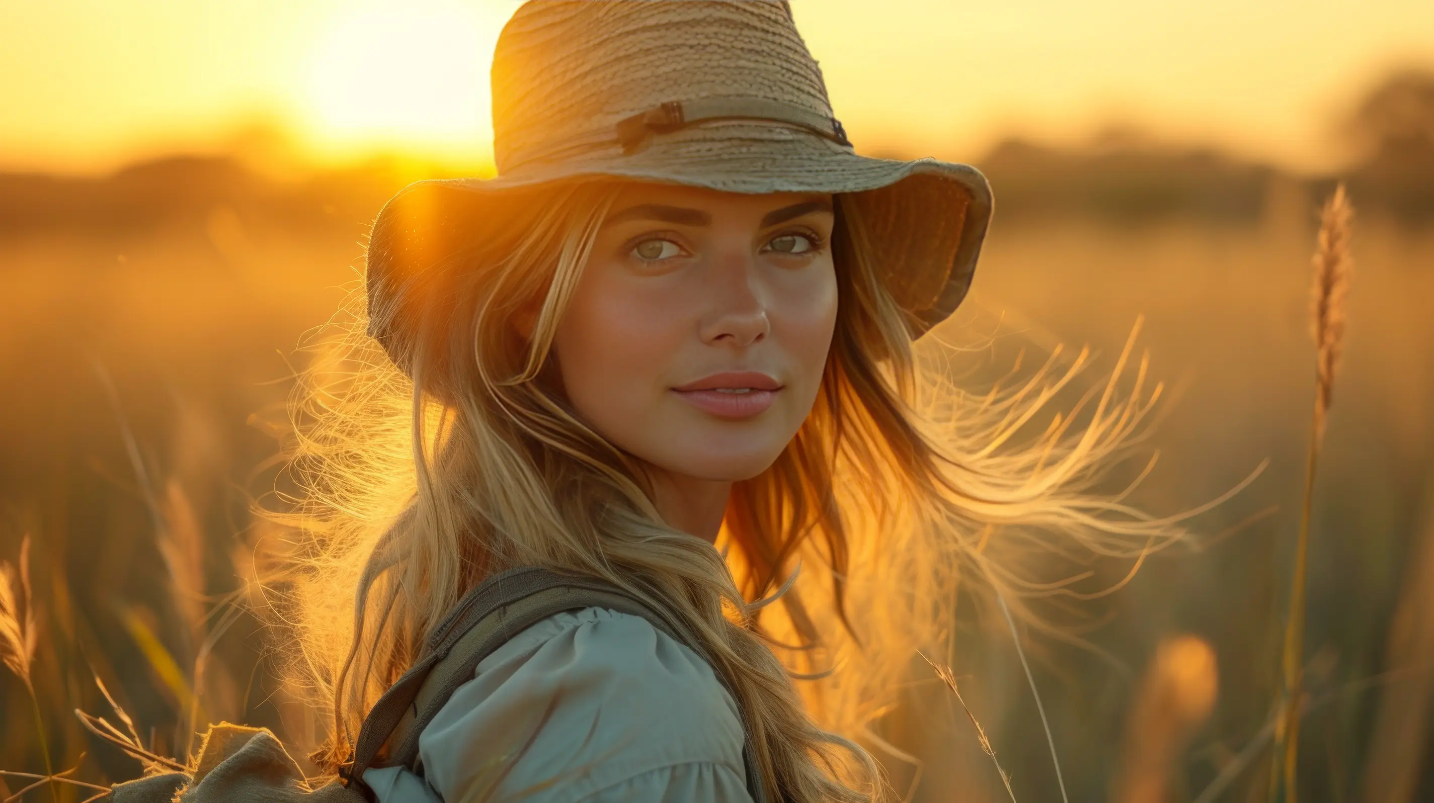 Woman in hat during golden hour